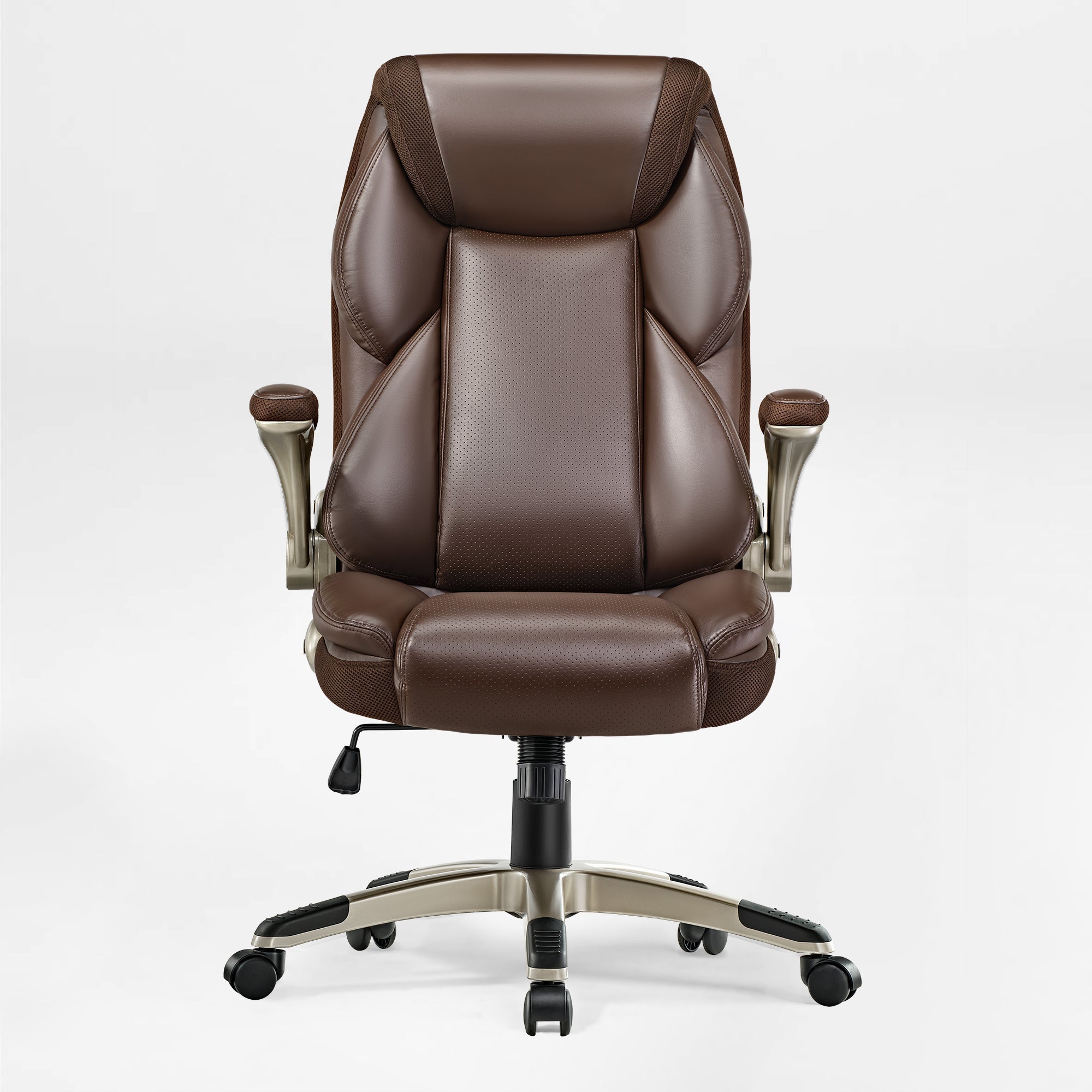 Galene Ergonomic Office Chair in Brown Faux Leather With Breathable Mesh Headrest.