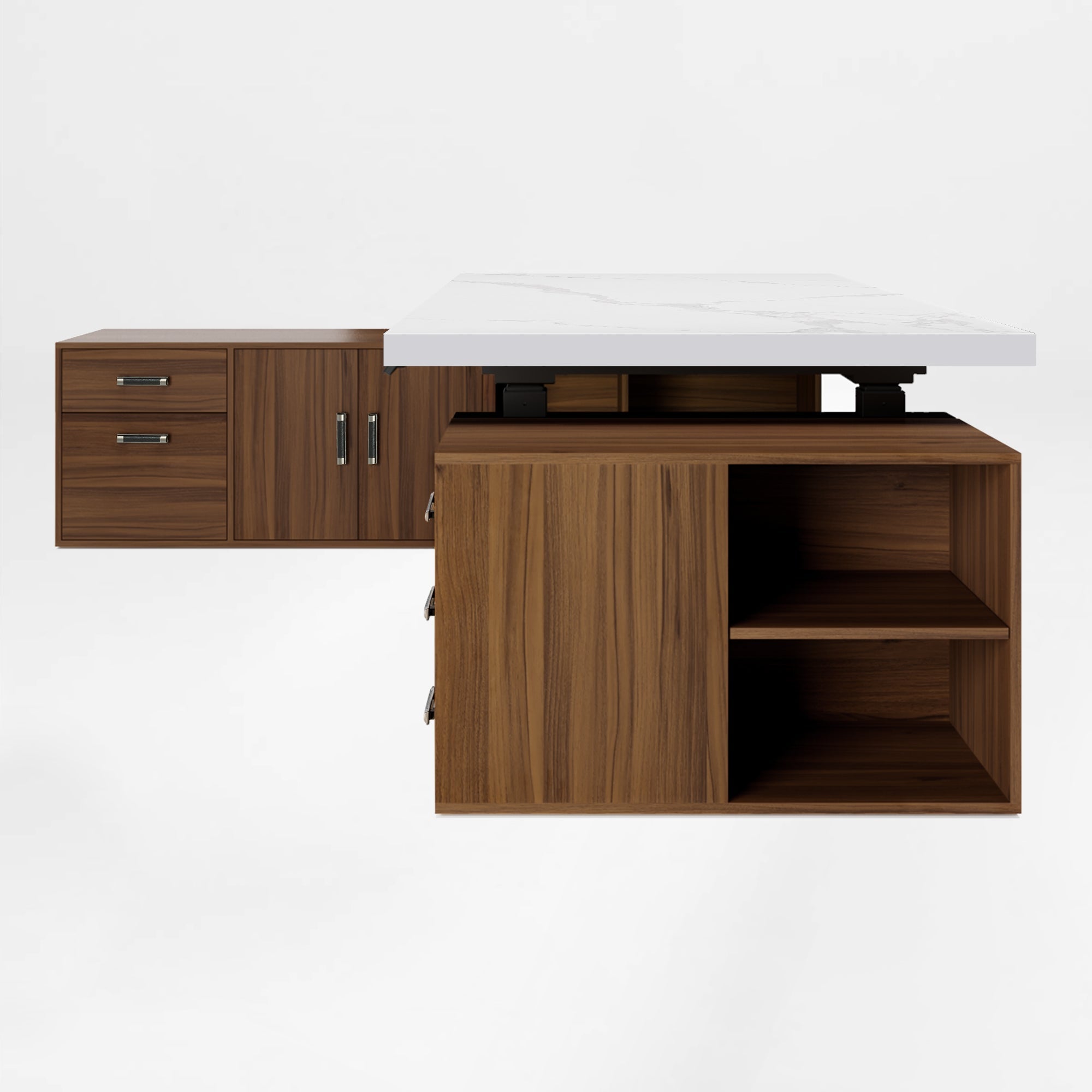 Eureka Ergonomic Zen Pro Executive Standing Desk With White Sintered Stone Top, Wood Cabinets, and Open Shelves.