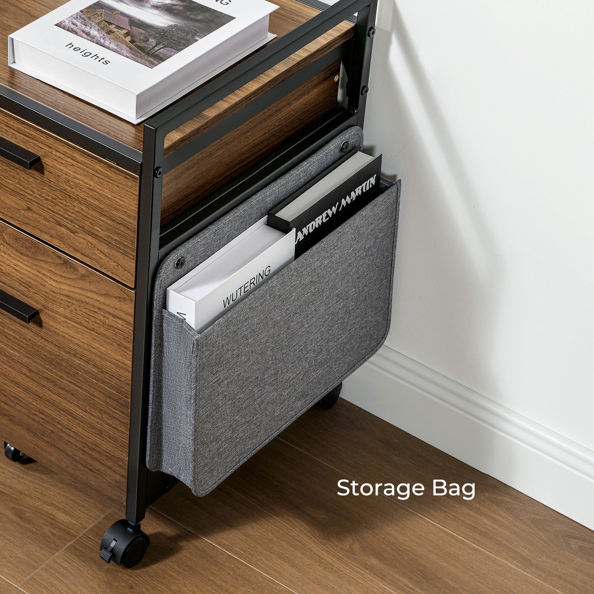 Rolling File Cabinet With Storage Bag, Rustic Brown Finish for Home Office, Books, and Supplies.