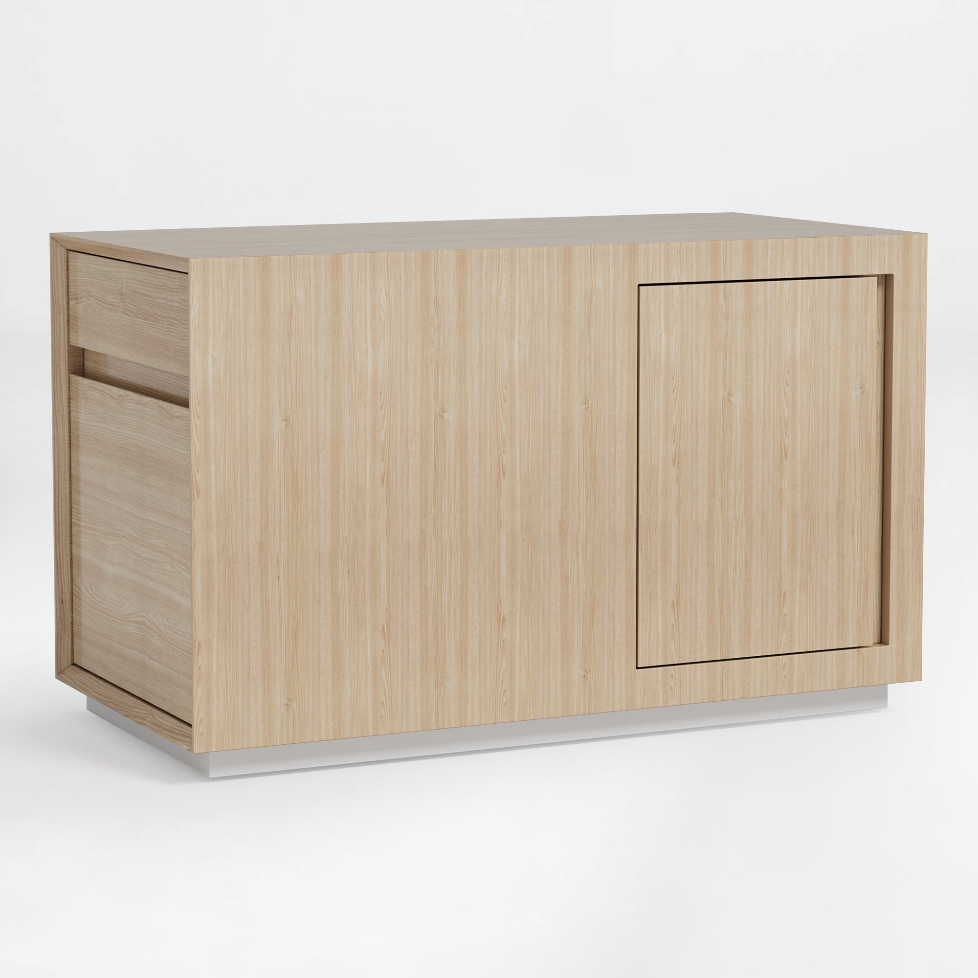 Zen Pro Executive Desk Cabinet: Light Wood Finish, Drawers, and Sliding Door.