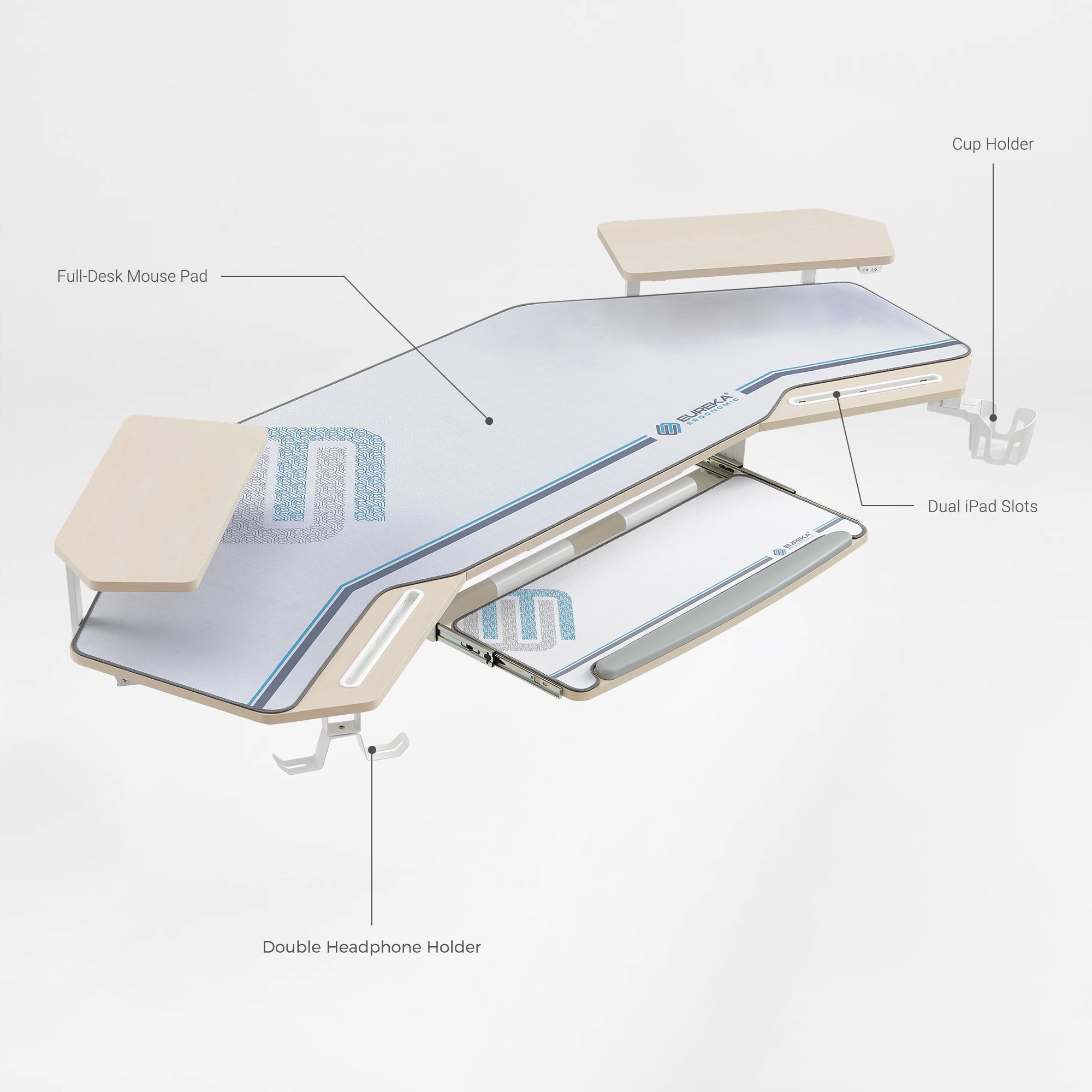 Eureka Ergonomic Aero Wing Desk With Full-Desk Mouse Pad, 360° Keyboard Tray, Dual Ipad Slots, and More.