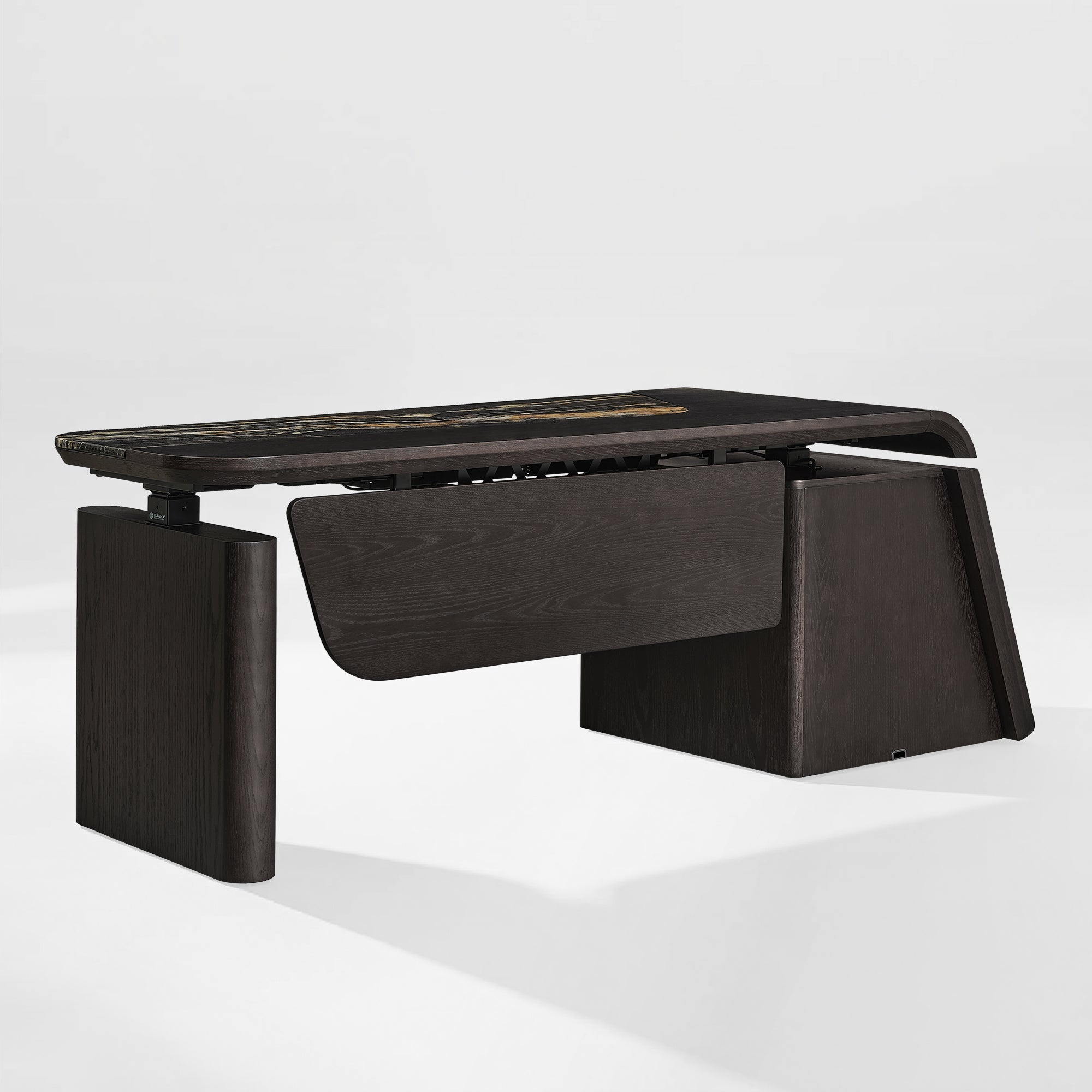 Eureka Ergonomic Magma Pro Executive Desk Back View with Dark Wood Veneer and Privacy Panel.