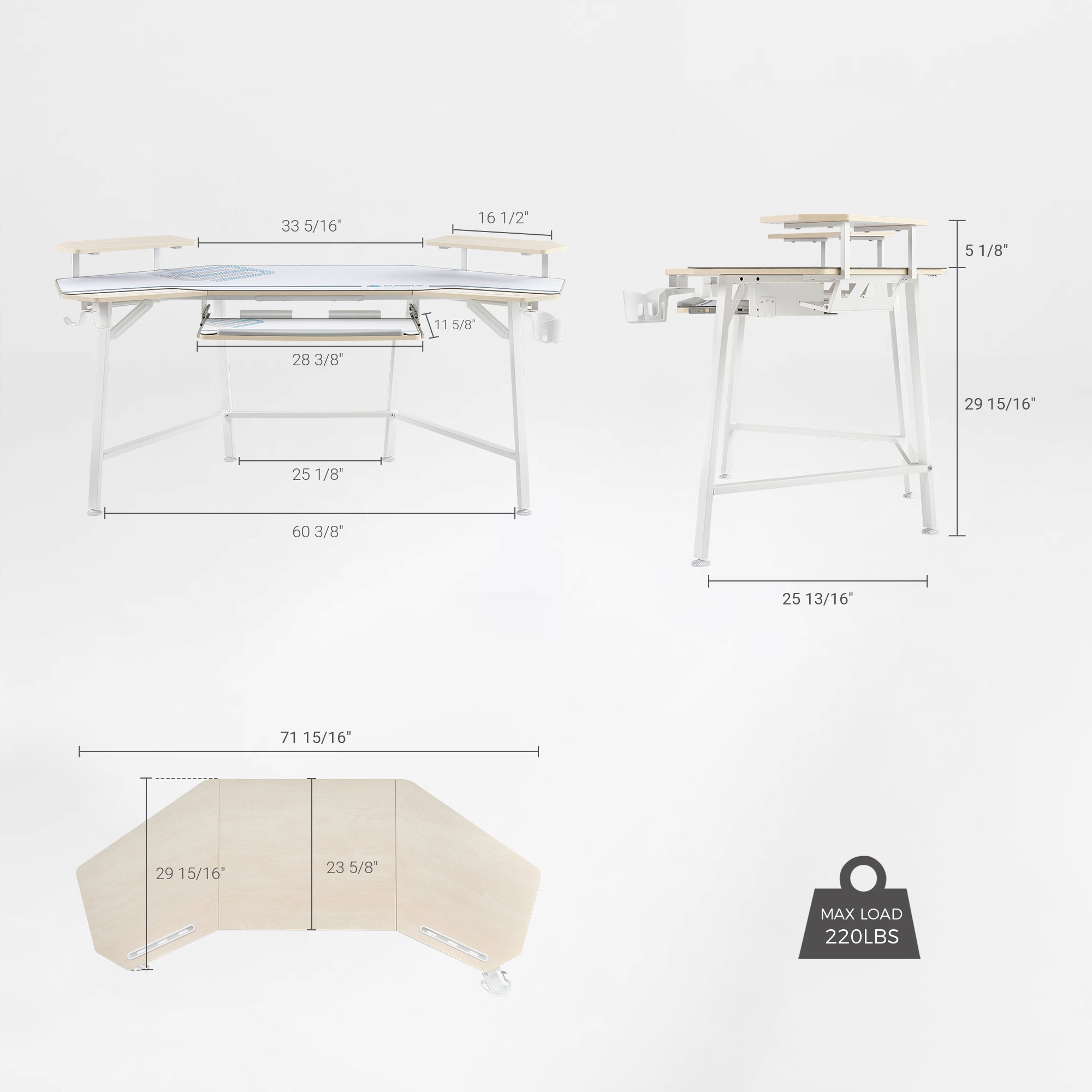 Eureka Ergonomic Aero Wing Studio Desk Dimensions: 72 Wide, White Gaming Desk With Measurements and Weight Capacity.