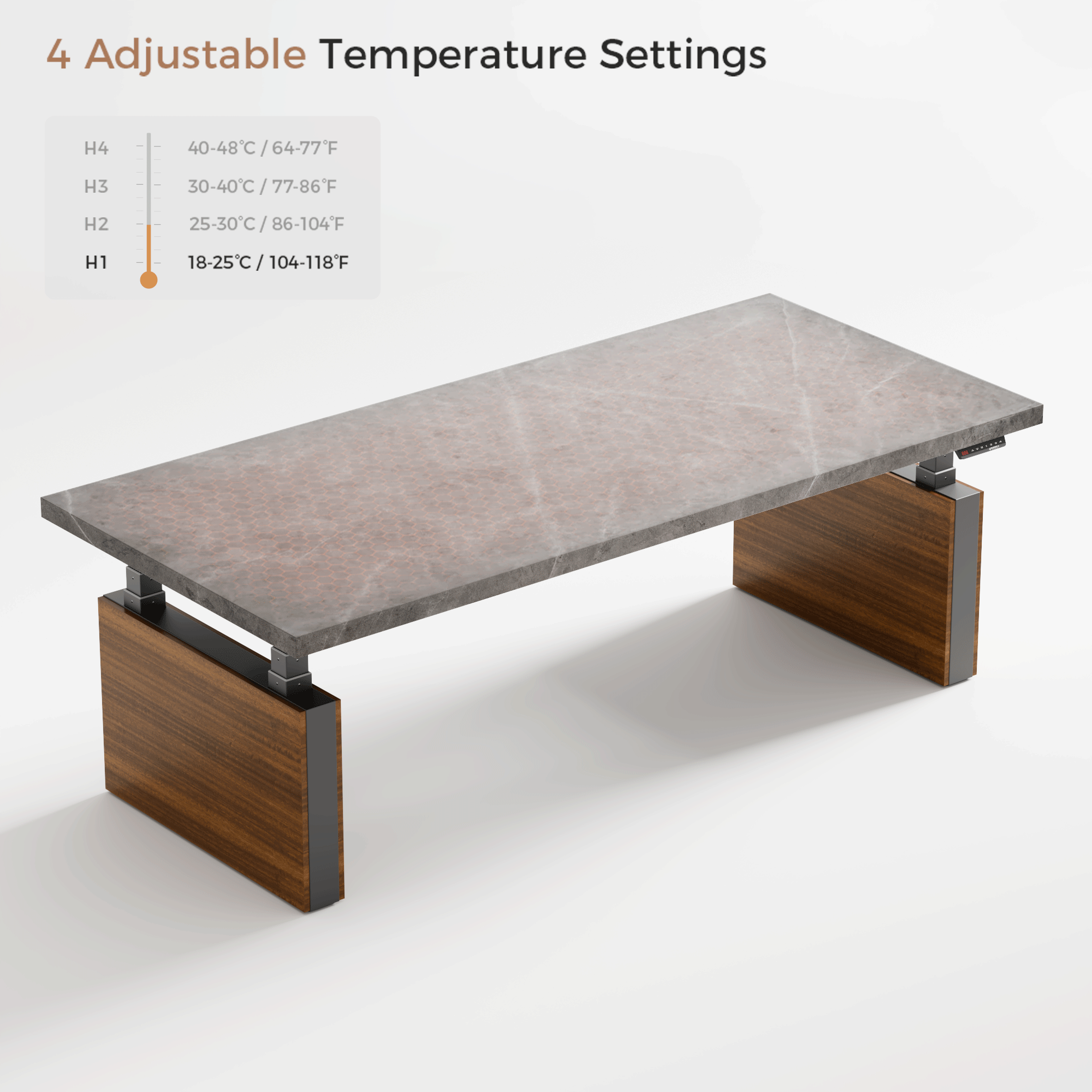Zen Pro Executive Standing Desk With 4 Temperature Settings, Gray Sintered Stone Desktop, Wood Accents.