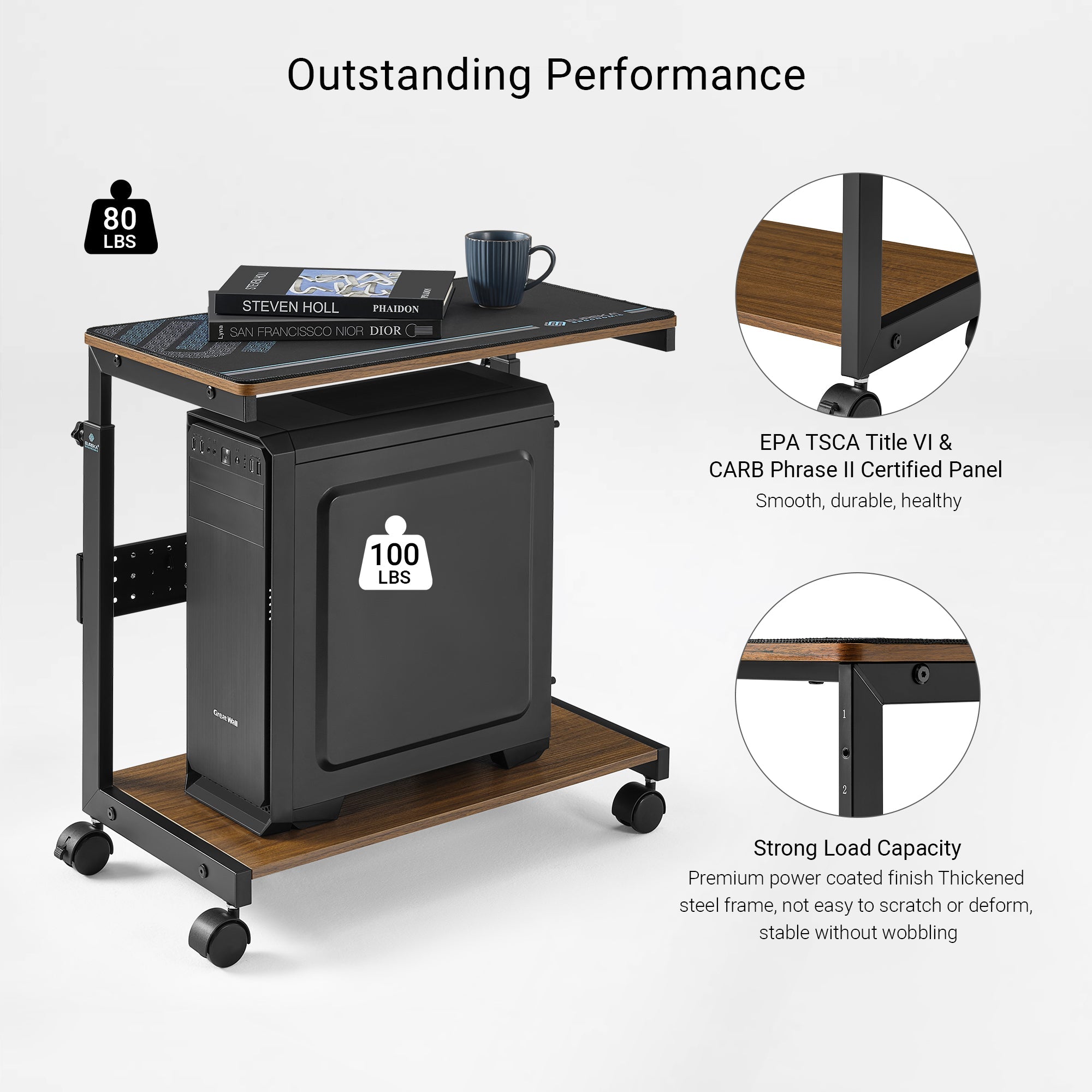 Mobile Eureka Ergonomic Cpu Cart in Black, Holds Pc and Printer, Rolling, With Strong Load Capacity and Adjustable Height.