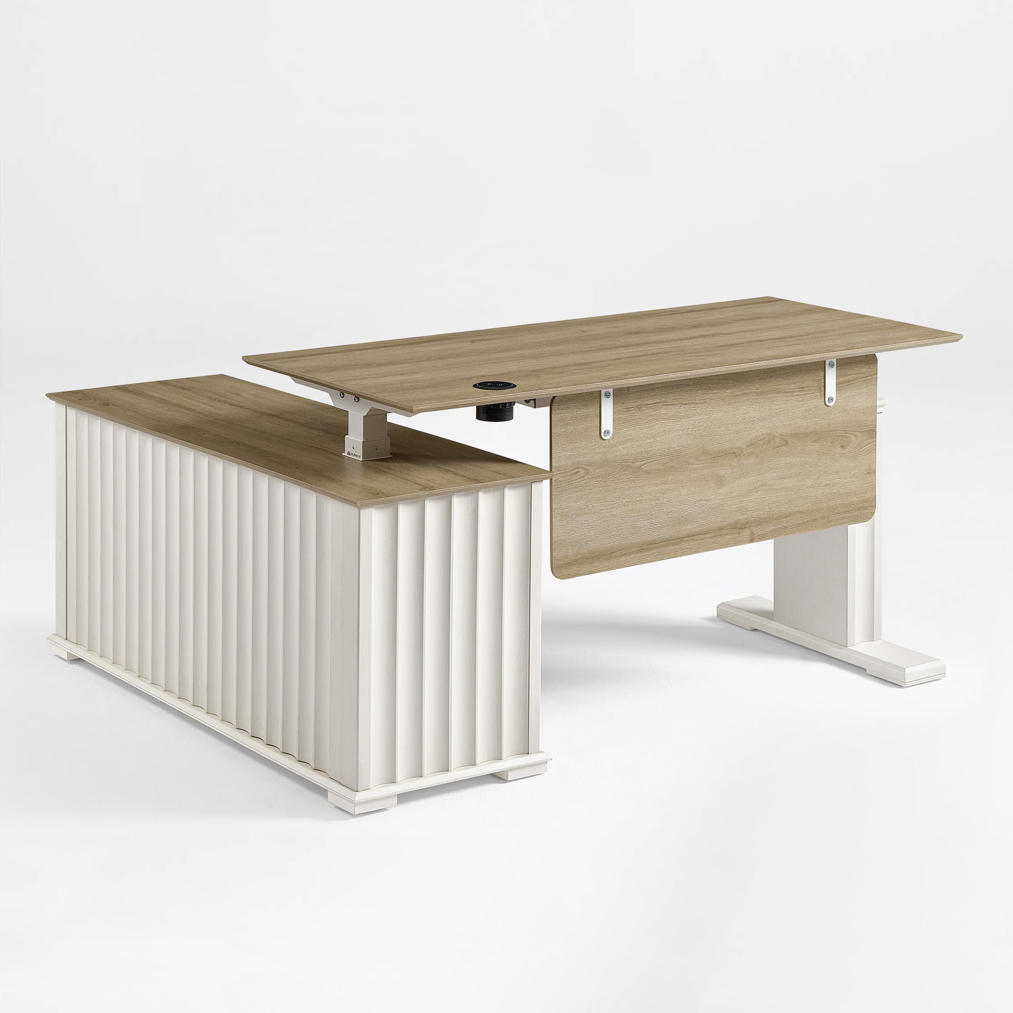 Eureka Ergonomic Ark ES Executive Desk Back View at 45 Degrees with Wood Veneer Privacy Panel.