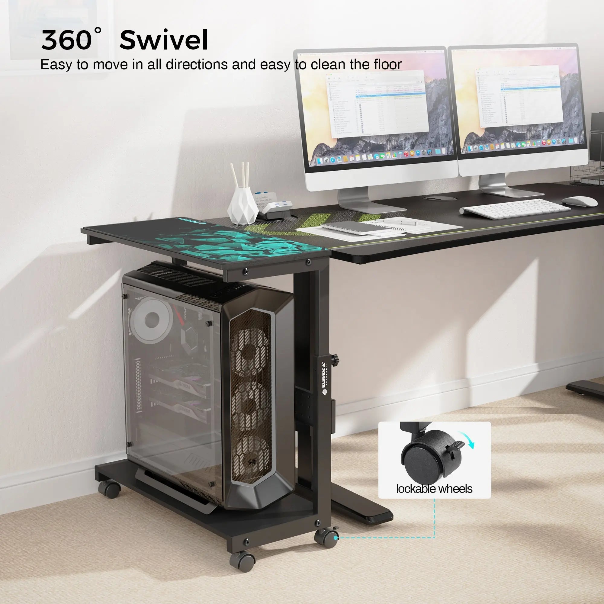 Eureka Ergonomic Mobile Cpu Cart With 360° Swivel Wheels, Black Gaming Setup, and Lockable Wheels for Easy Movement.