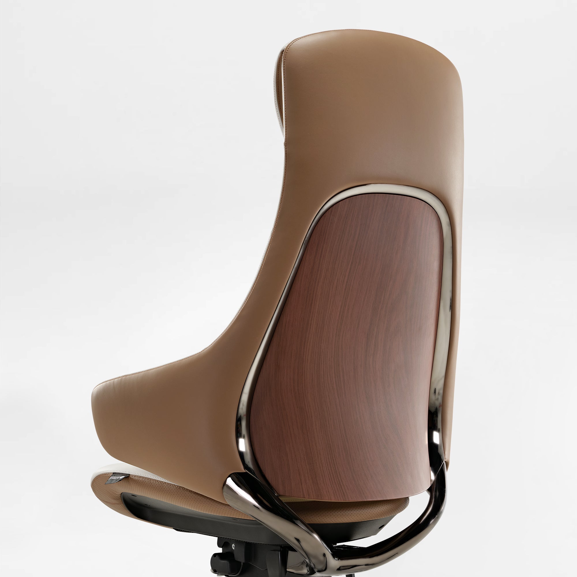 Eureka Ergonomic Tan Napa leather executive chair back with polished chrome and wood detail.