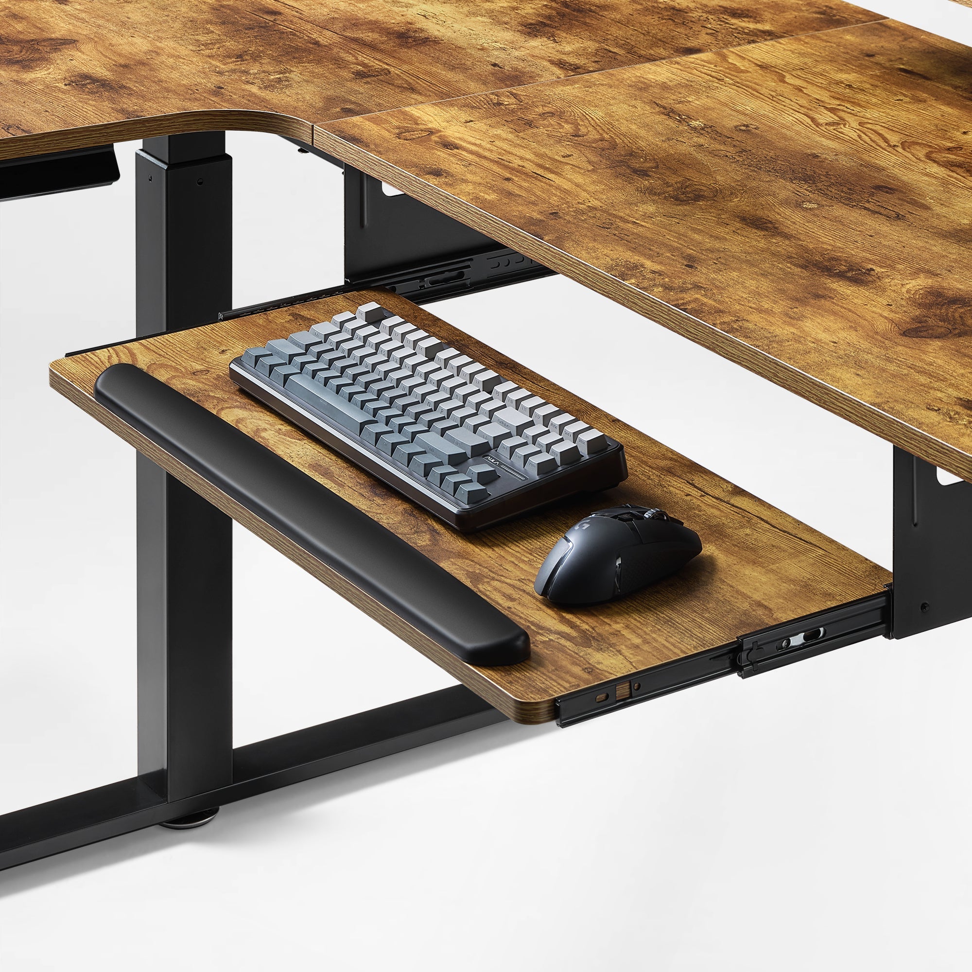 L-Shaped Standing Desk With 29-Inch Keyboard Tray and Wrist Rest, Maple Finish, Ergonomic Workspace.