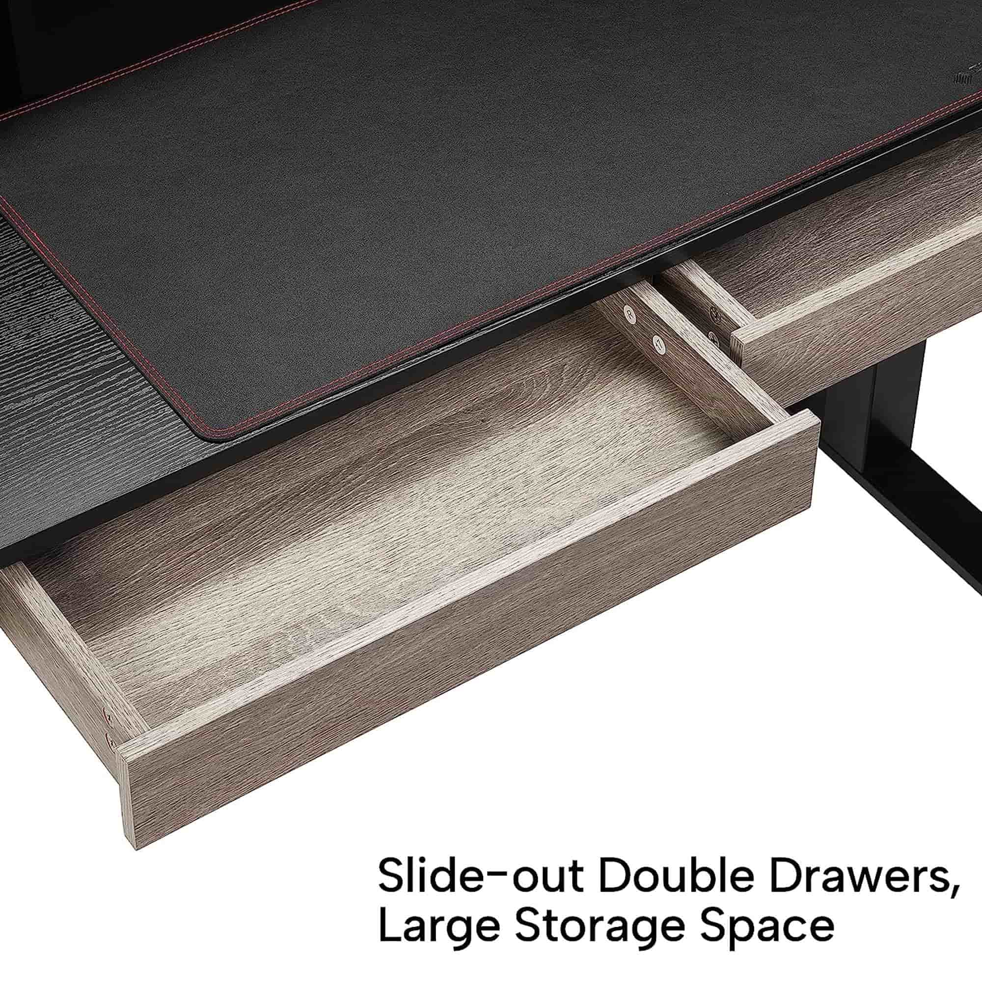 47 Standing Desk With Double Drawers and Large Storage Space. Wood Finish and Black Top Detail.