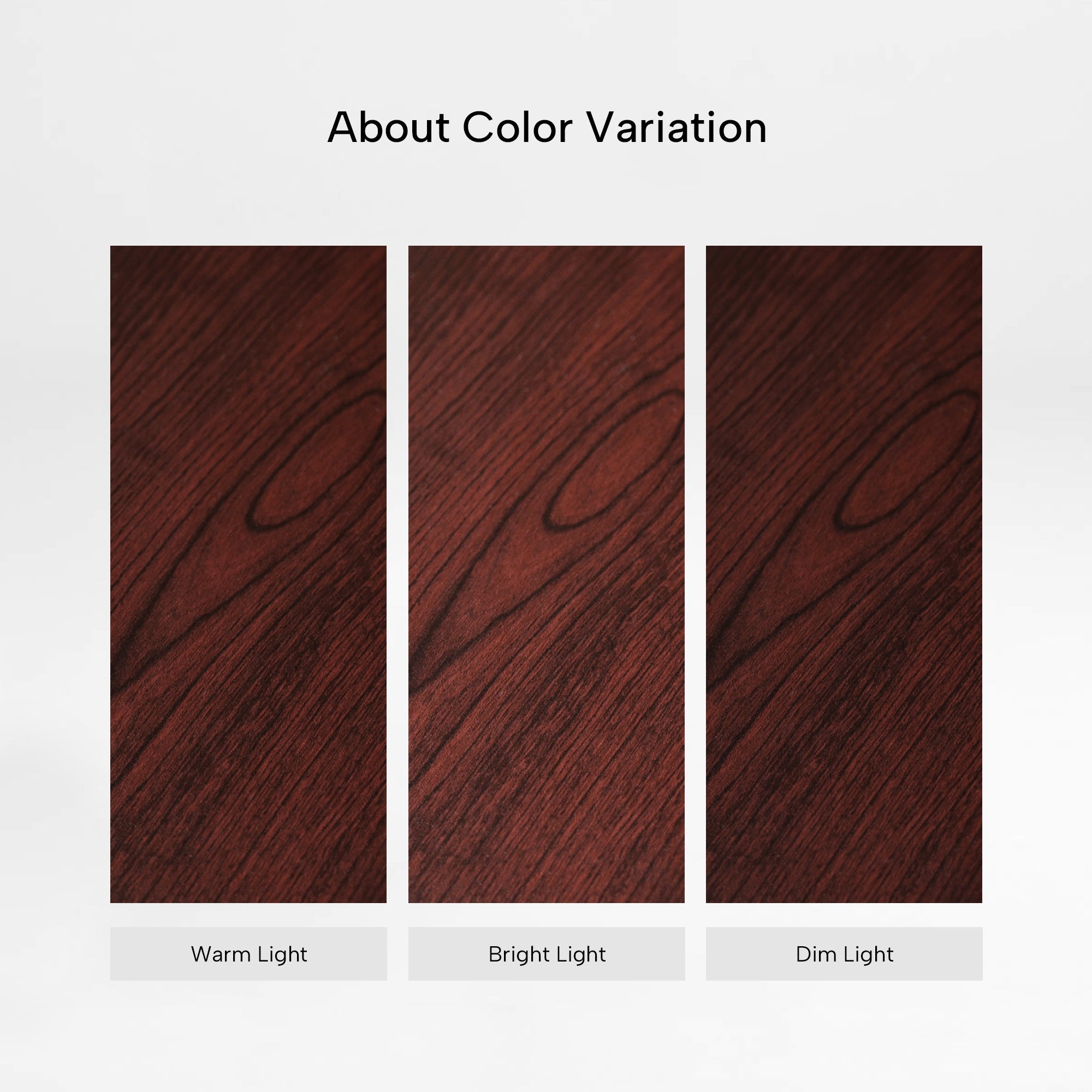 Eureka Ergonomic Ark ES Executive Standing Desk mahogany veneer color variation under warm, bright, and dim light.