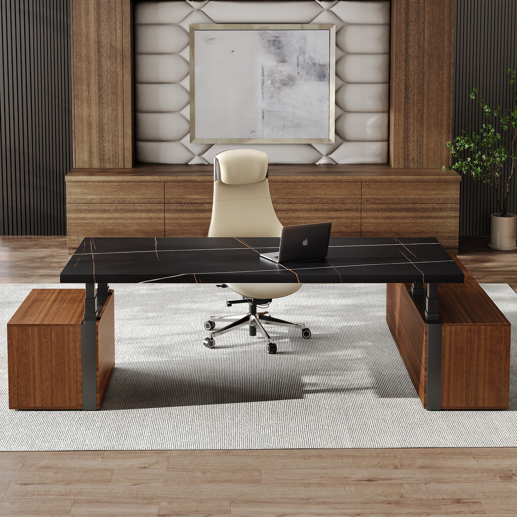 Eureka Ergonomic Zen Pro Executive Standing Desk With Black Sintered Stone Top and Wood Cabinets, Modern Office Design.