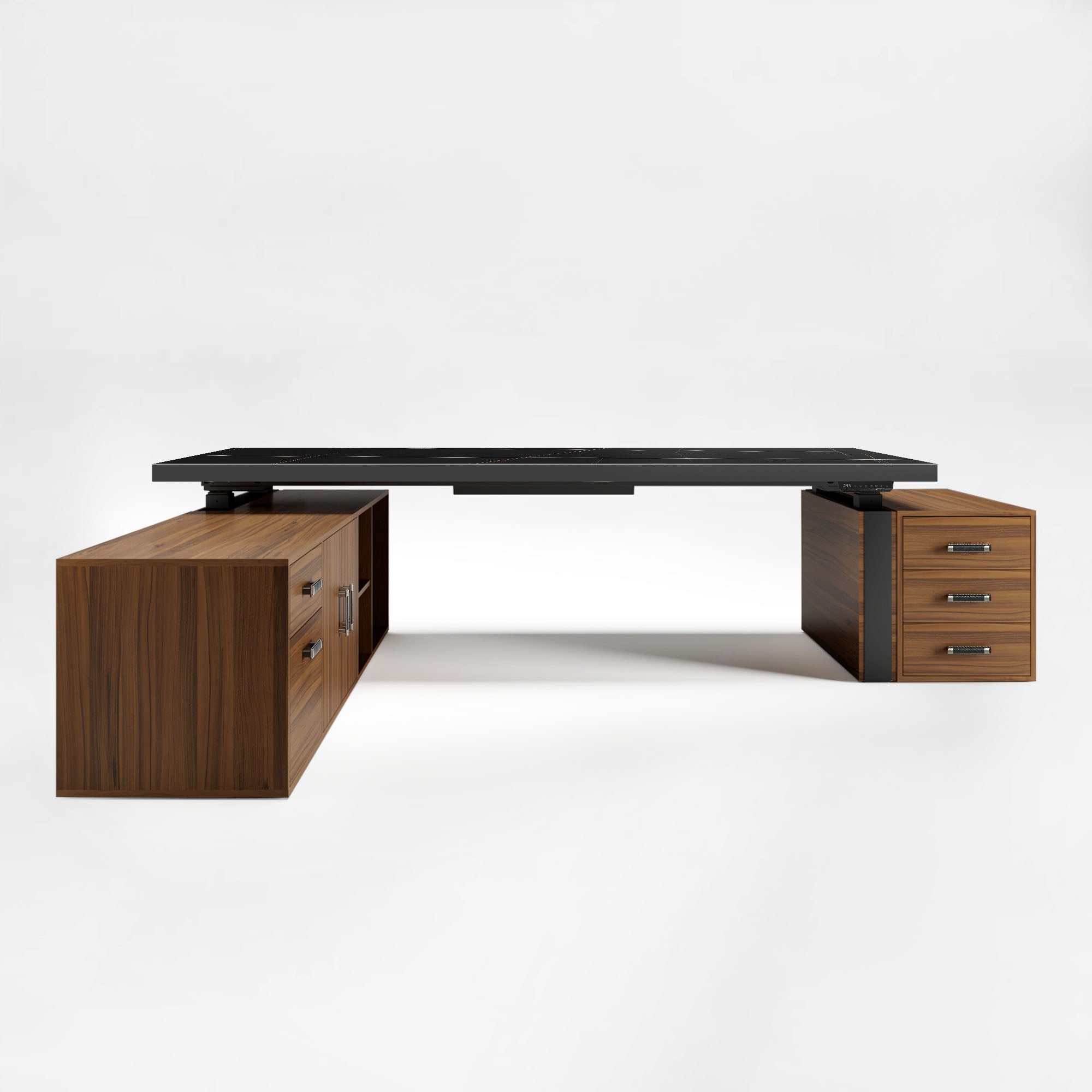 Eureka Ergonomic Zen Pro Executive Standing Desk With Black Sintered Stone Top and Dark Wood Cabinets, Modern Office Desk.