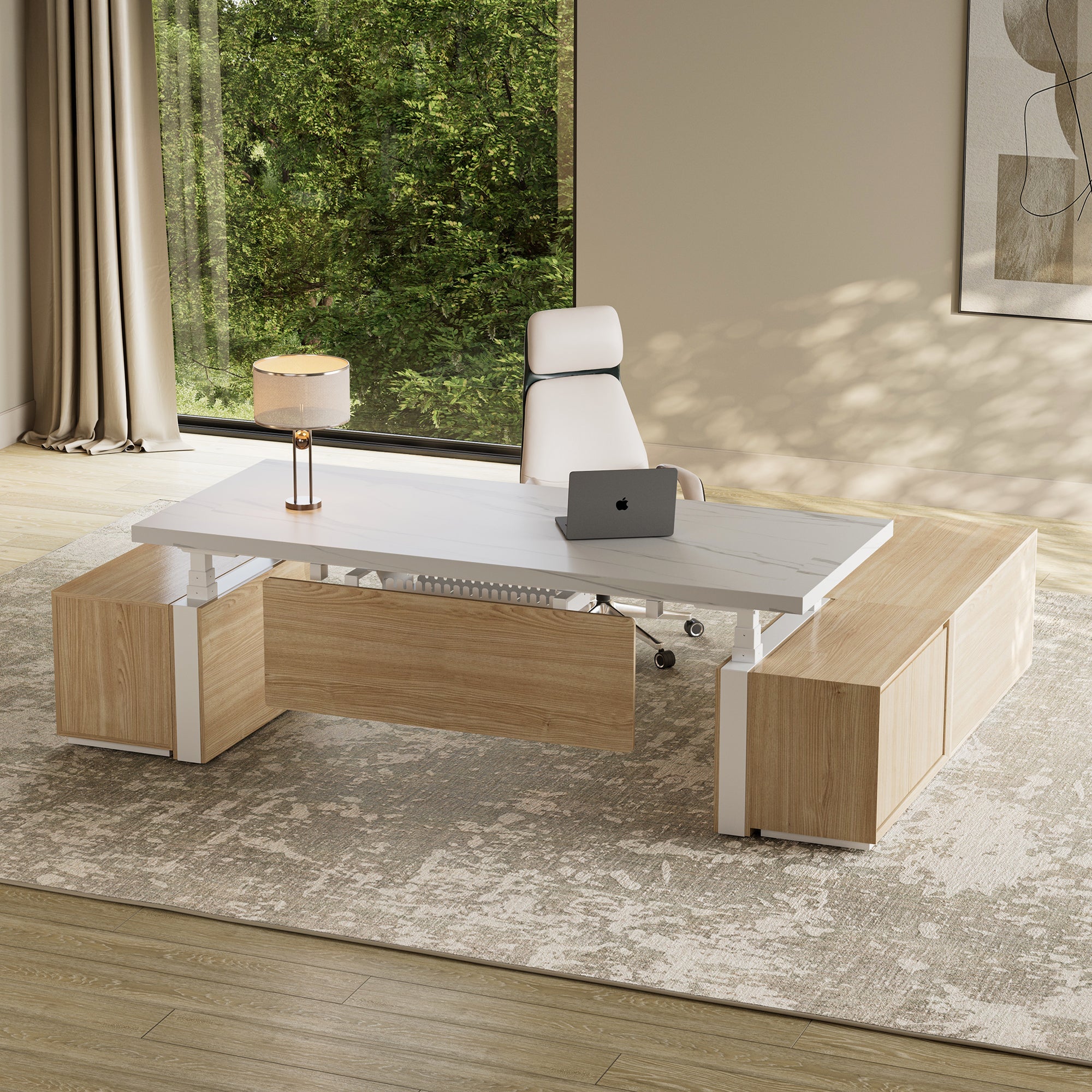 Eureka Ergonomic Zen Pro Executive Standing Desk With White Sintered Stone Top and Wooden Cabinets, Modern Office Design.