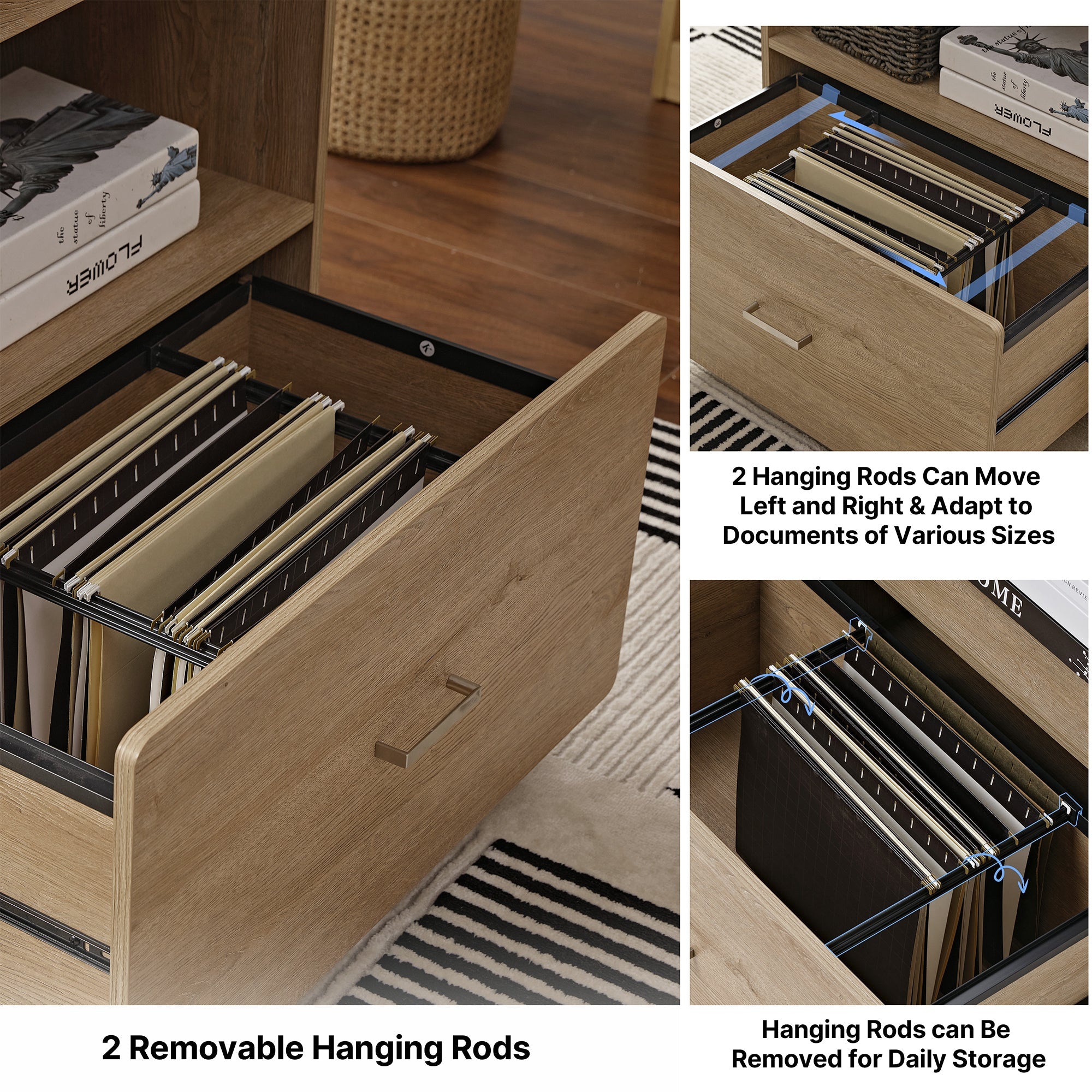 Eureka Ergonomic Ark El Oak File Cabinet With Removable Hanging Rods for Home Office Storage.