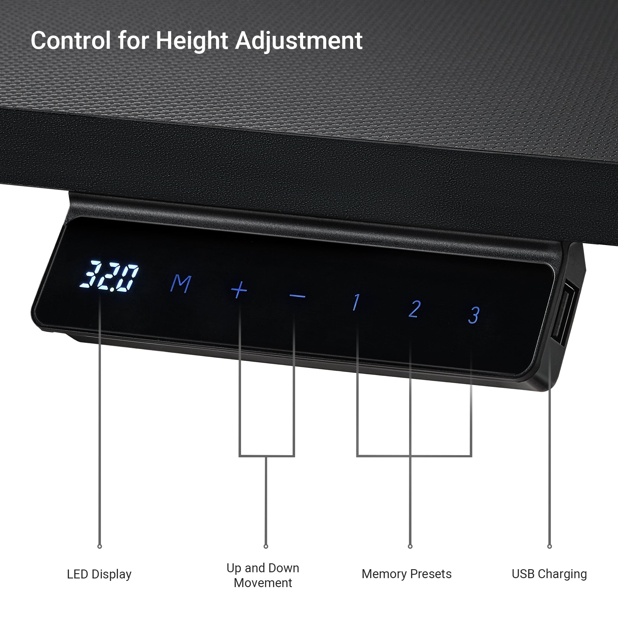 Eureka Ergonomic Standing desk control panel: LED display, memory presets 1-3, USB charging port. Features height adjustment buttons.