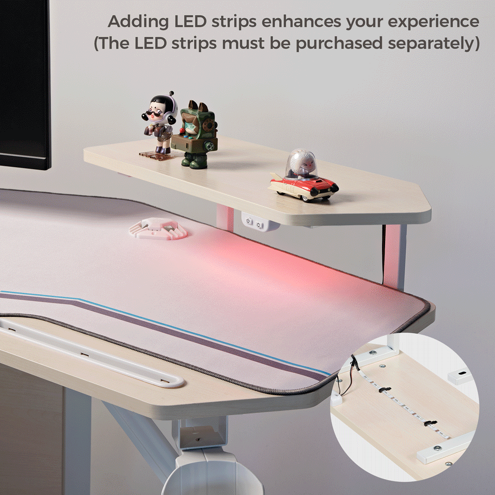 Eureka Ergonomic Convertible Desk With Light Wood Grain Shelf and Led Strip Enhancement, Maximizing Workspace.