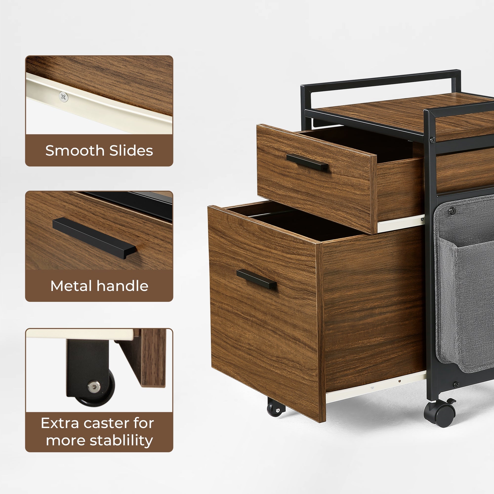 Rustic Brown 23 Inch Rolling File Cabinet Detail: Smooth Slides, Metal Handle, and Extra Caster.