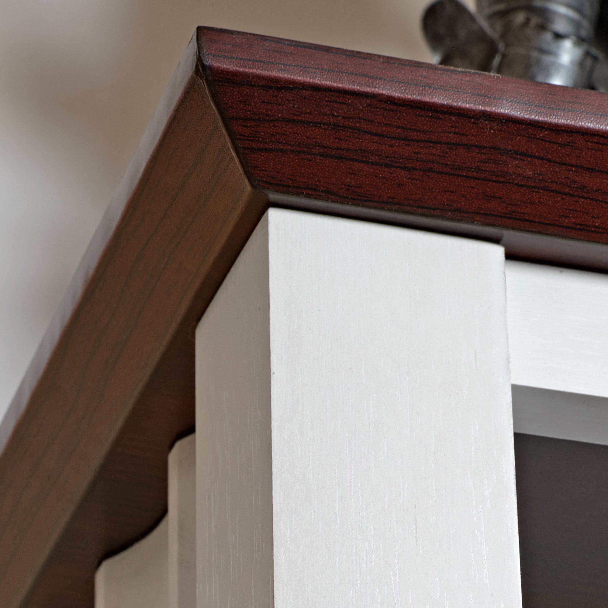 Ark Es 29 File Cabinet Corner Detail, Dual-Tone White and Brown Finish, Home Office Storage.
