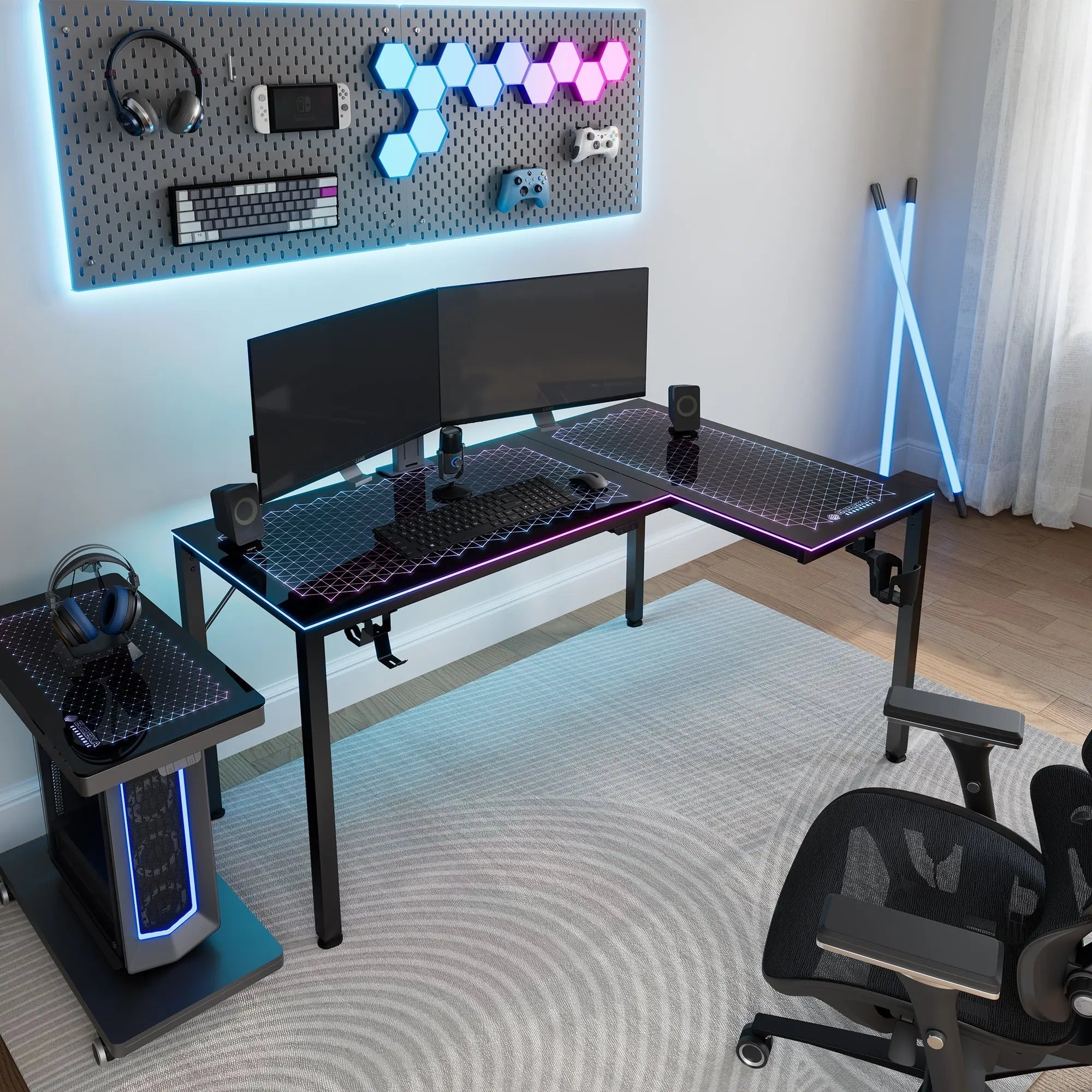 Eureka Ergonomic GTG-L60 L-Shaped Gaming Desk With Rgb Lighting, Black Glass Surface, and Gaming Accessories.