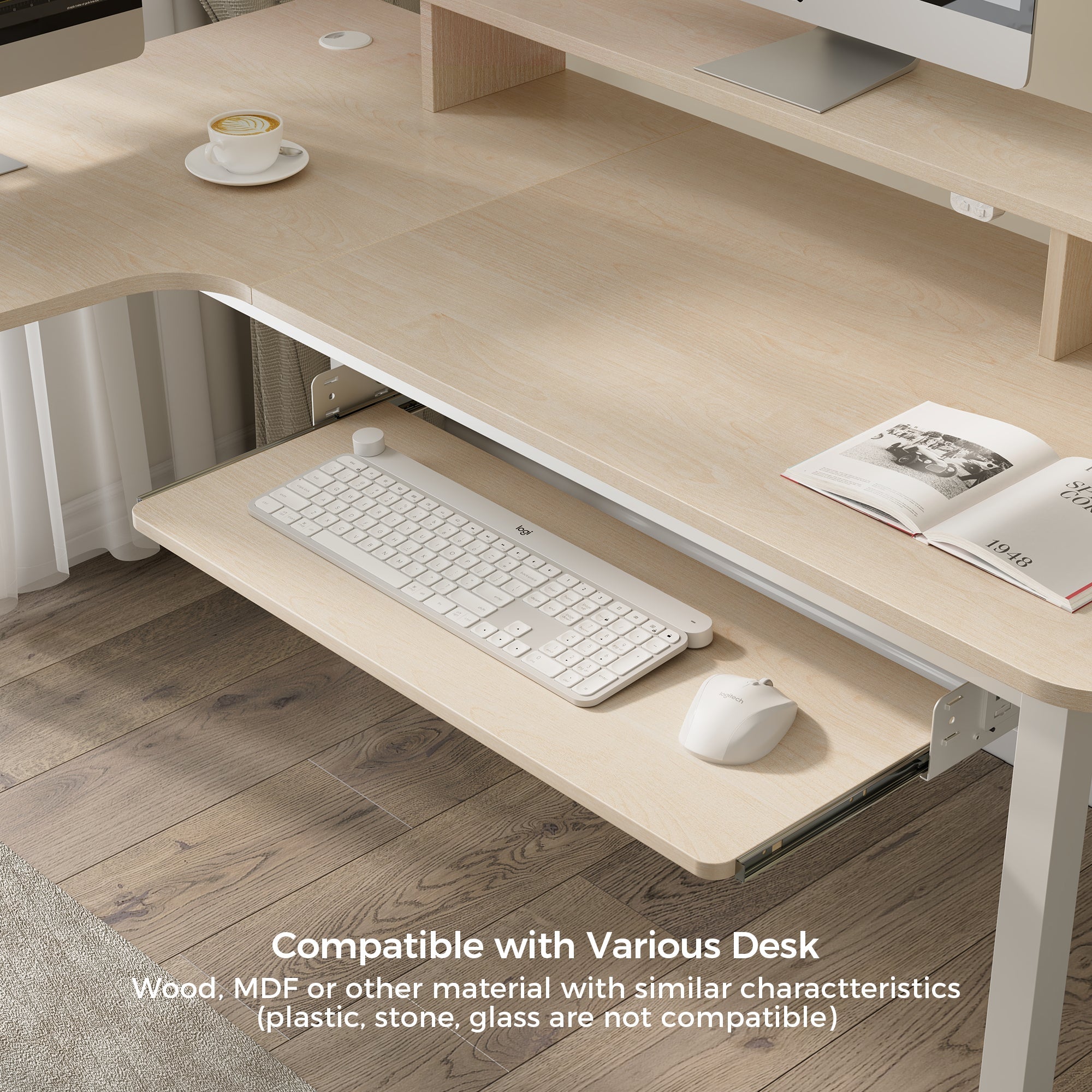 Light Wood Finish Eureka Ergonomic Pull-Out Keyboard Tray With Logitech Keyboard, Compatible With Various Desks.