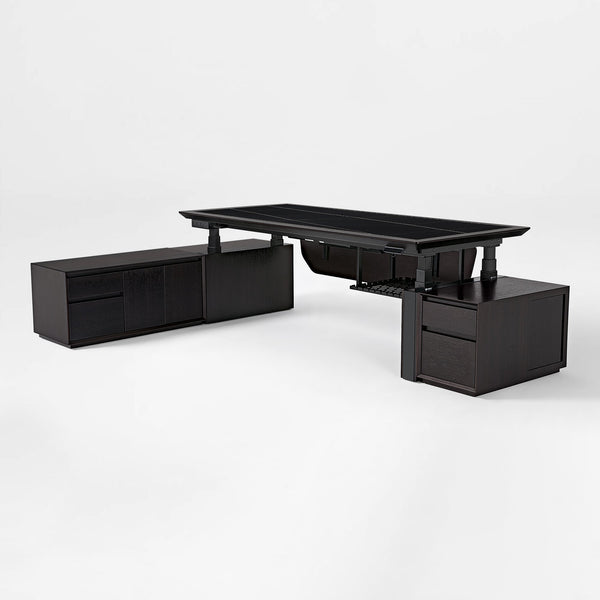 Zen Classic Executive Standing Desk in Dark Wood, Featuring Integrated Cabinets and Height-Adjustable Design.