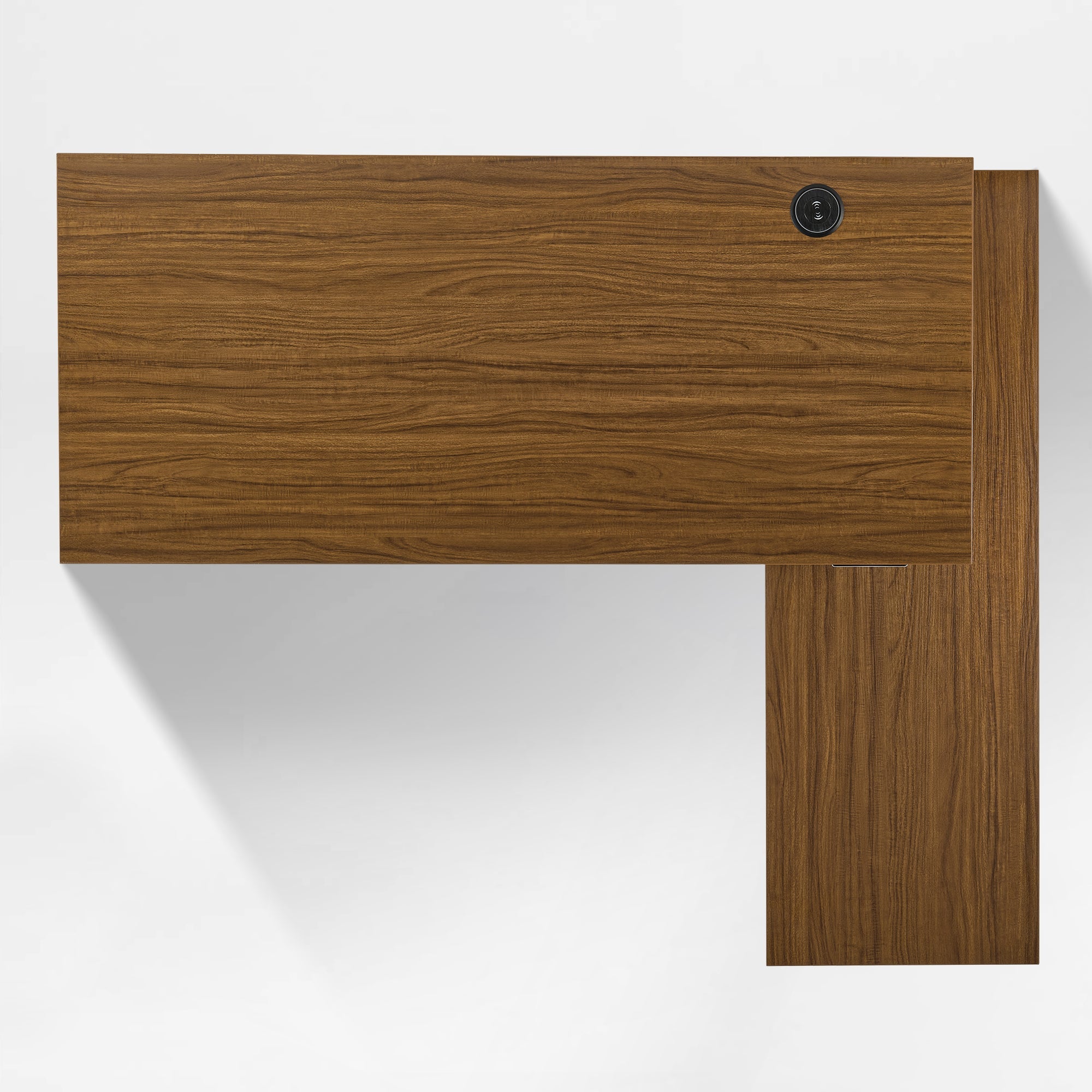 Eureka Ergonomic Ark ES Executive Desk Top View With Warm Walnut Wood Grain Surface.