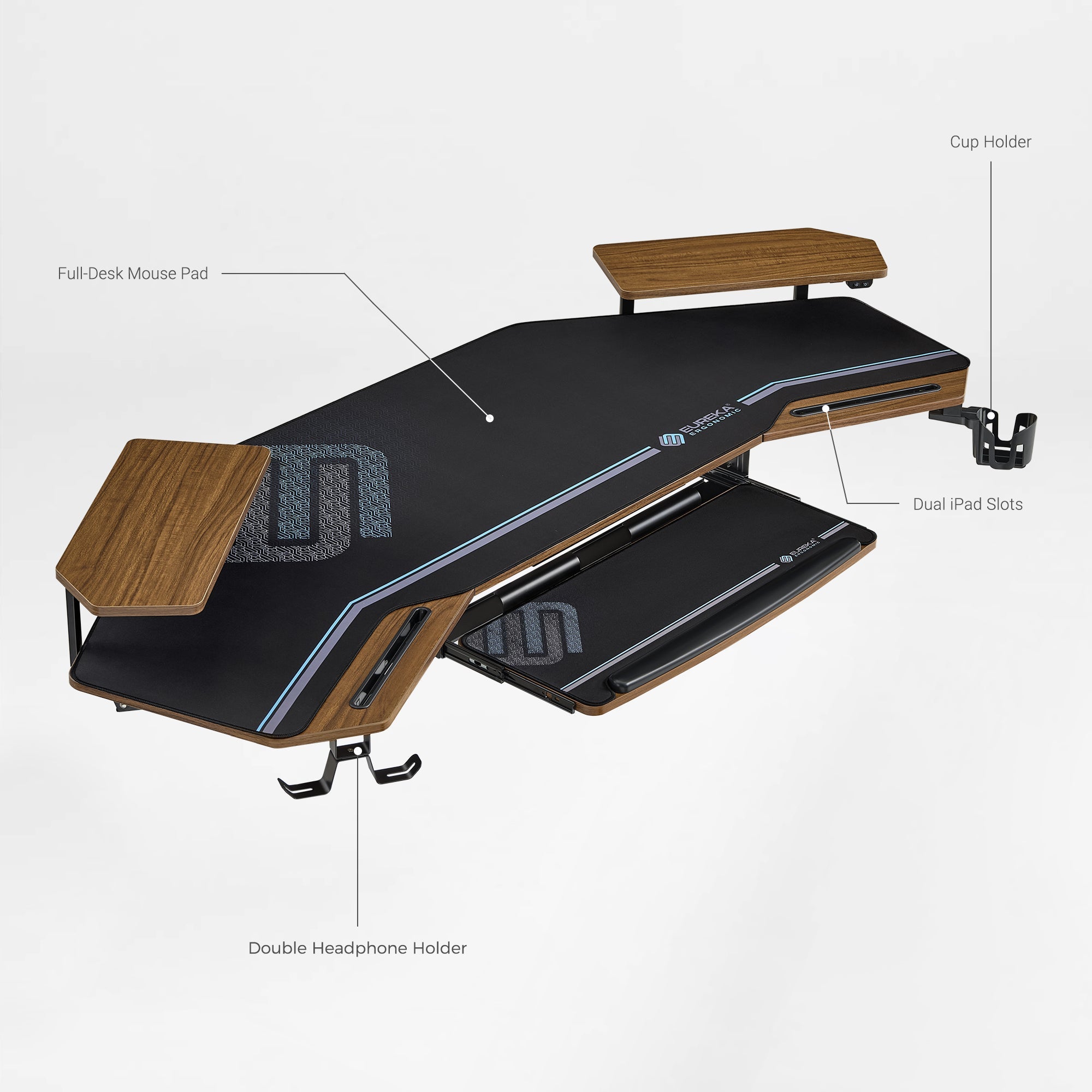 Eureka Ergonomic Aero Wing Studio Desk Features: Walnut Desk With Built-In Accessories for a Complete Streaming Setup.