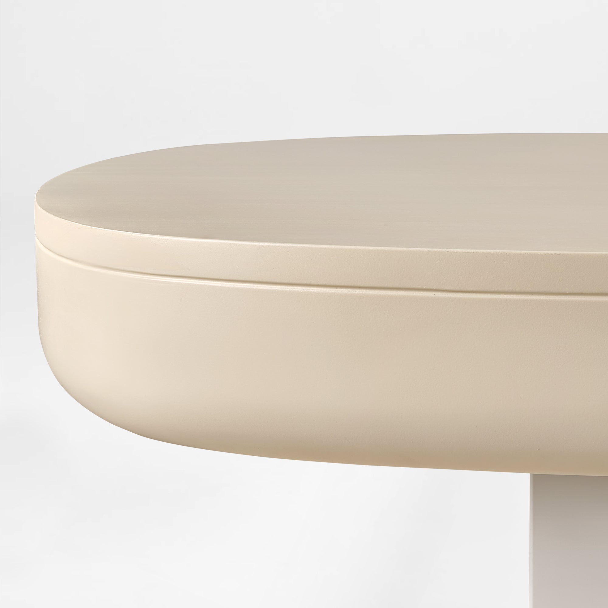 Light Beige Oval Executive Standing Desk Detail. Modern Ergonomic Design With Smooth Finish.