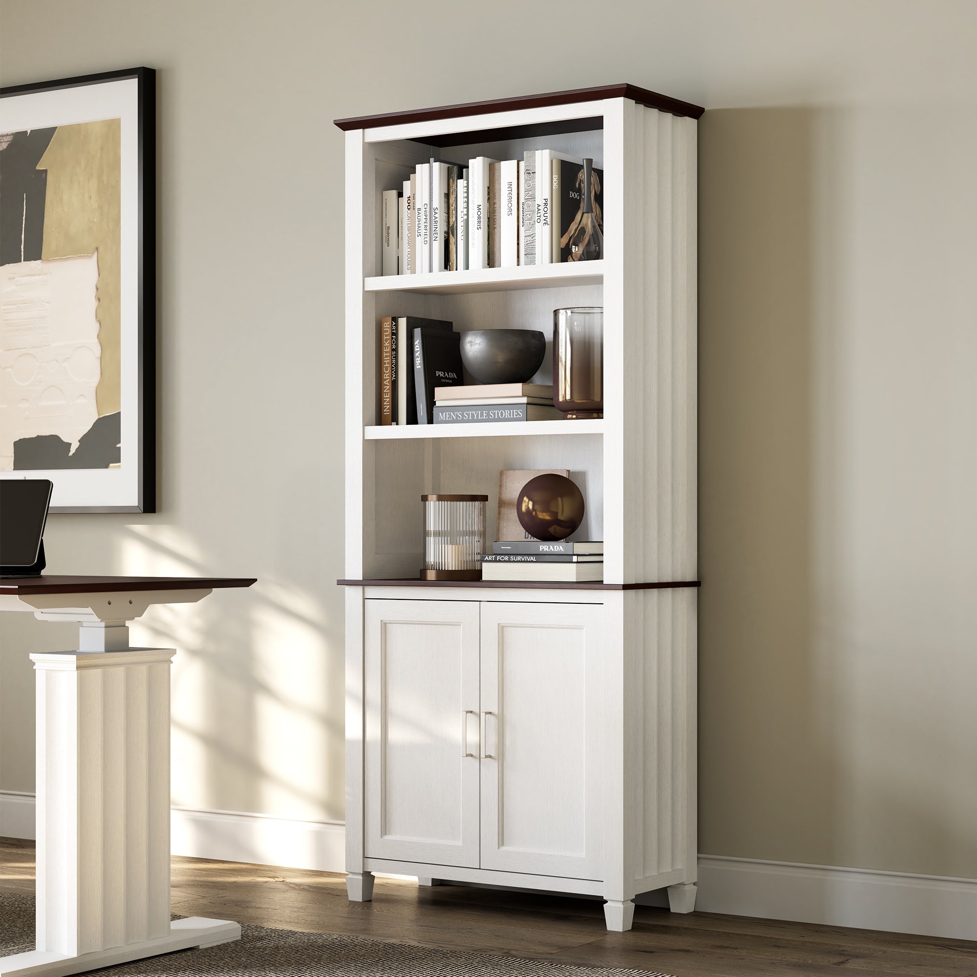White Ark Es Bookshelf With Storage Cabinet, a Stylish Addition to Any Living Space Or Home Office.