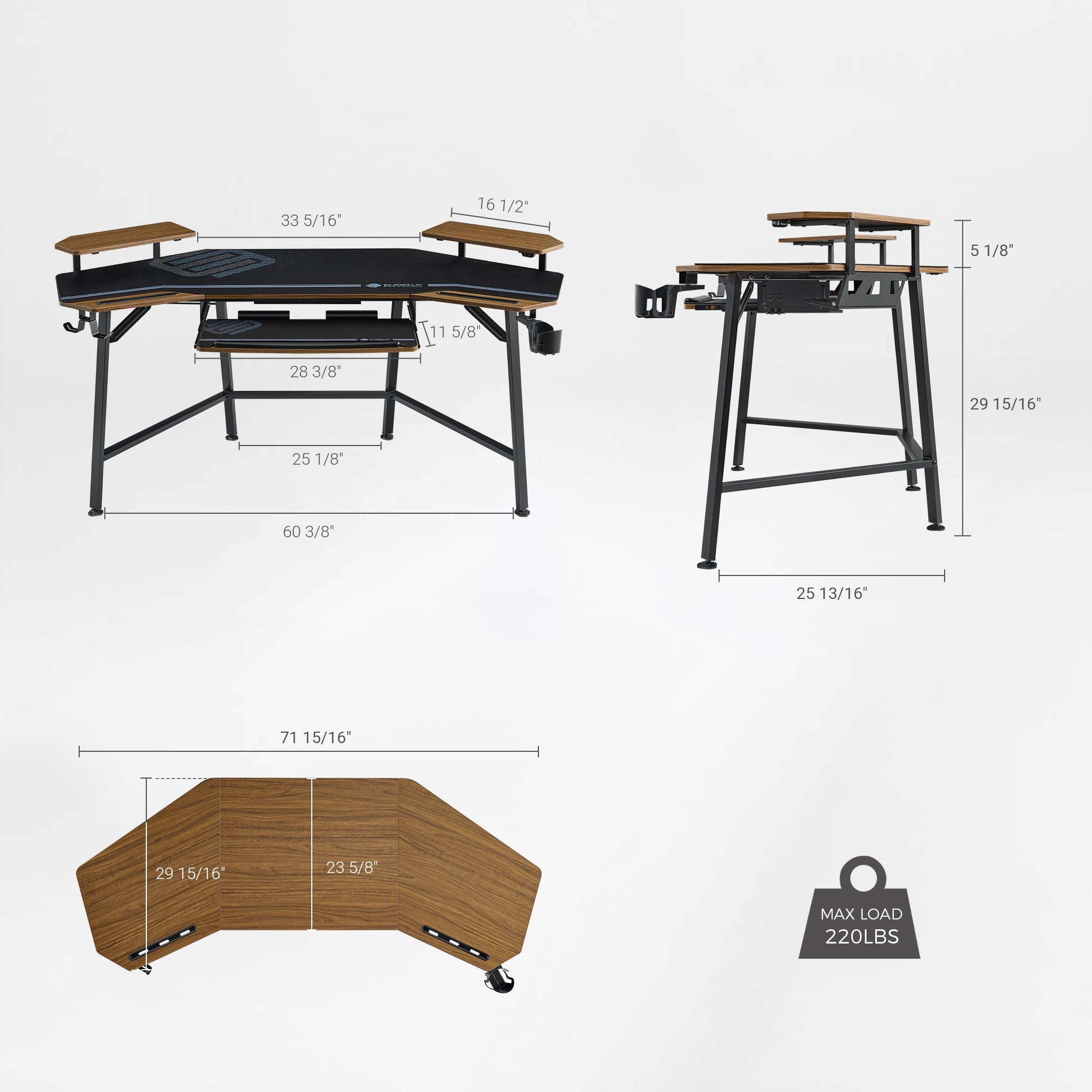 Eureka Ergonomic Aero Wing Studio Desk With Dimensions; Walnut Finish Gaming Desk for Streaming Setup.
