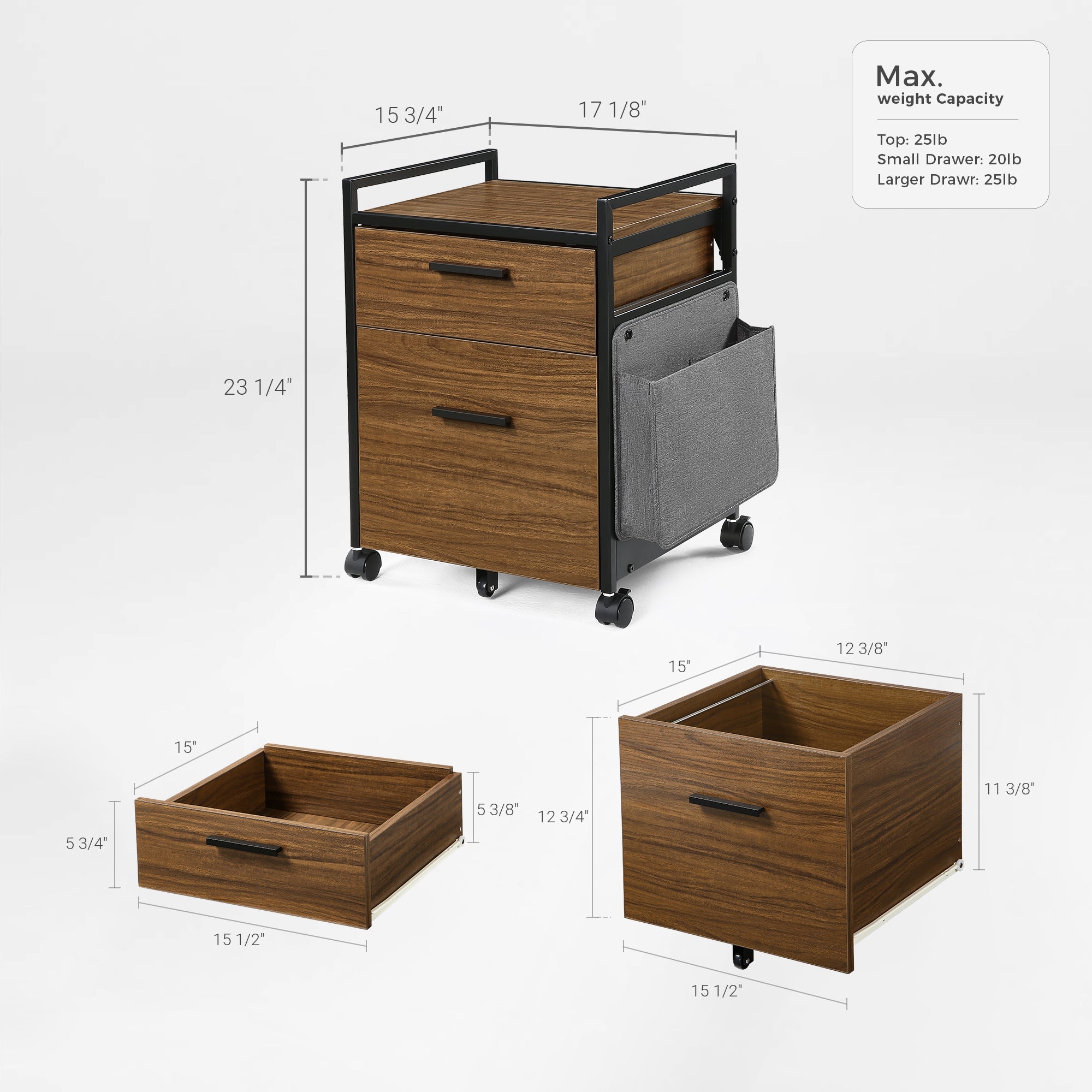 23 Rolling File Cabinet With Drawer, Rustic Brown Finish, Dimensions and Weight Capacity Labeled.