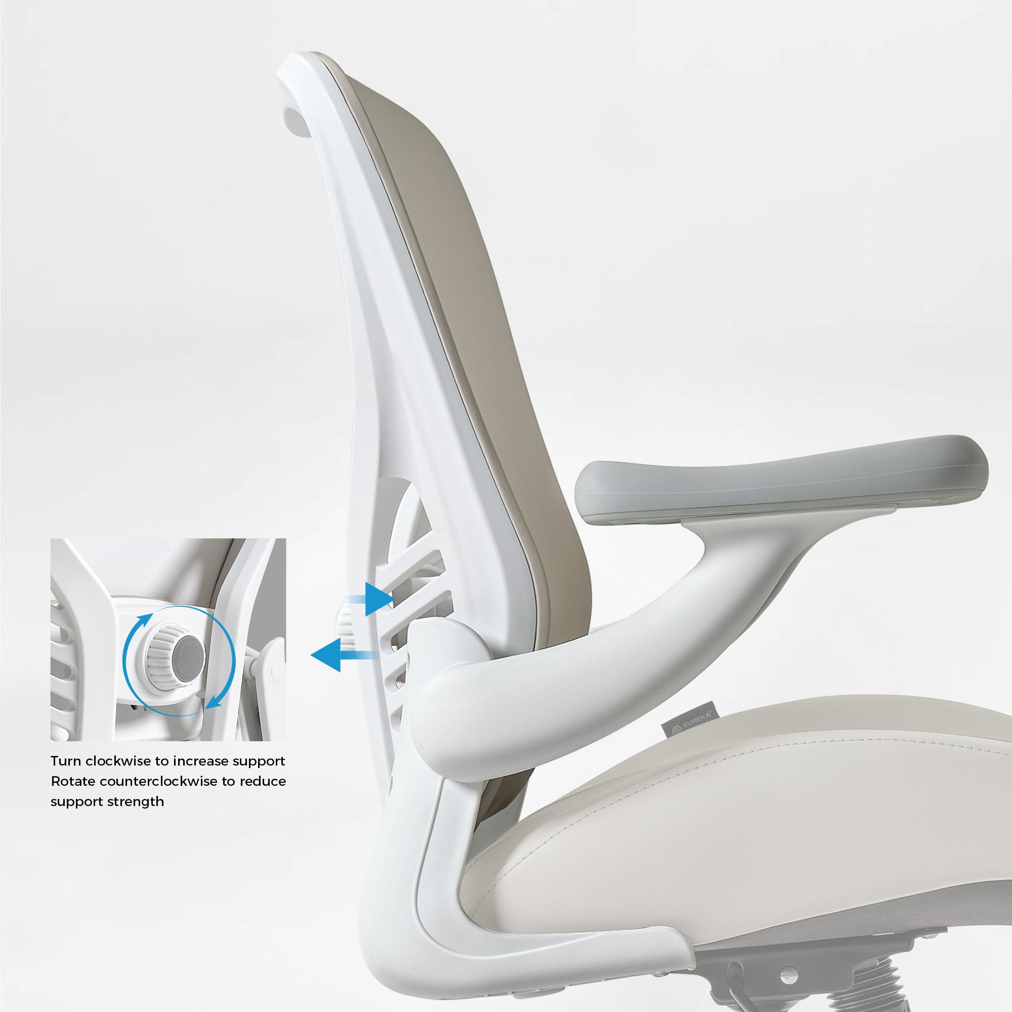 Eureka Ergonomic Vera ergonomic office chair lumbar support adjustment detail on white frame with grey PU leather seat.