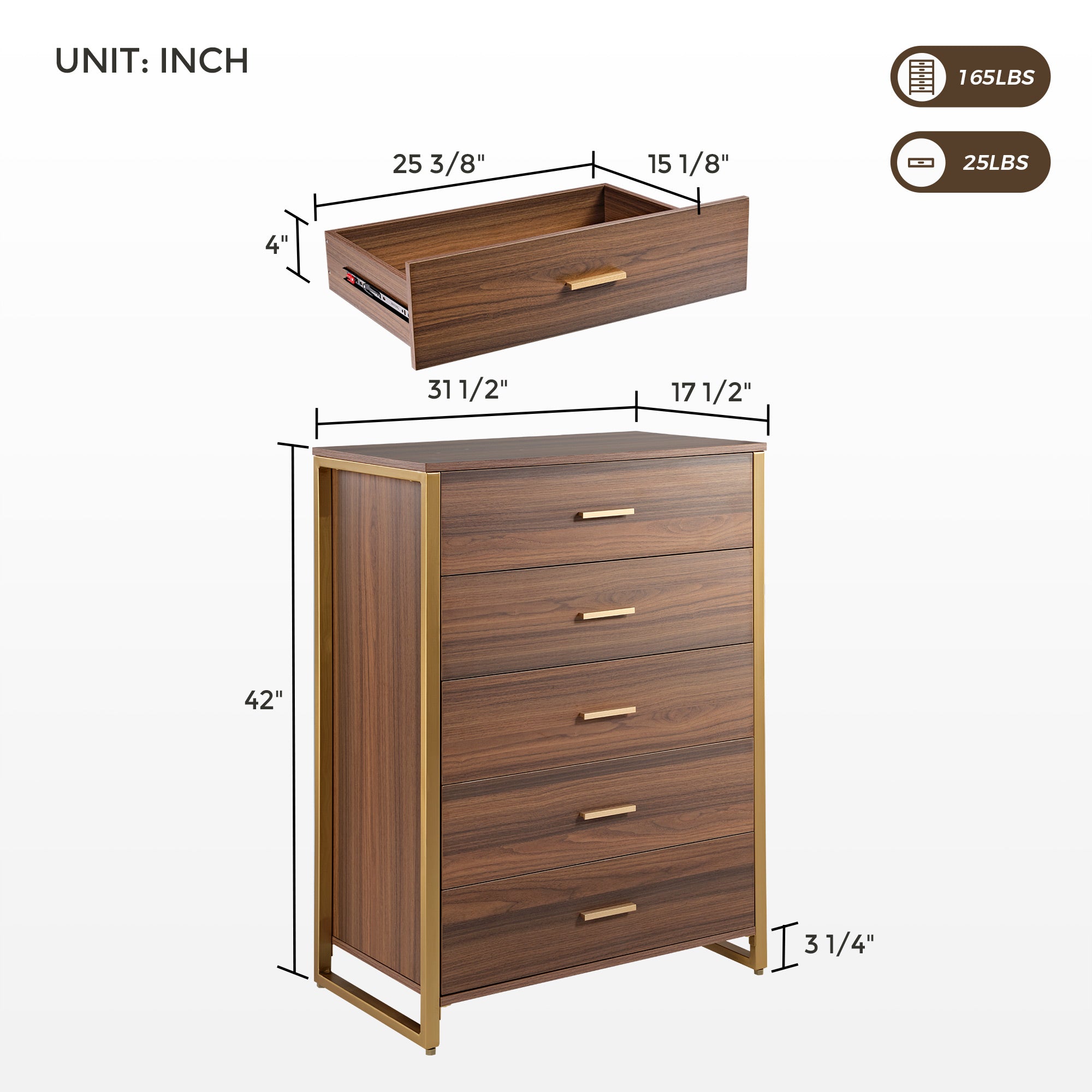 42" Chest 5-Drawers Dresser Accent Cabinet Walnut