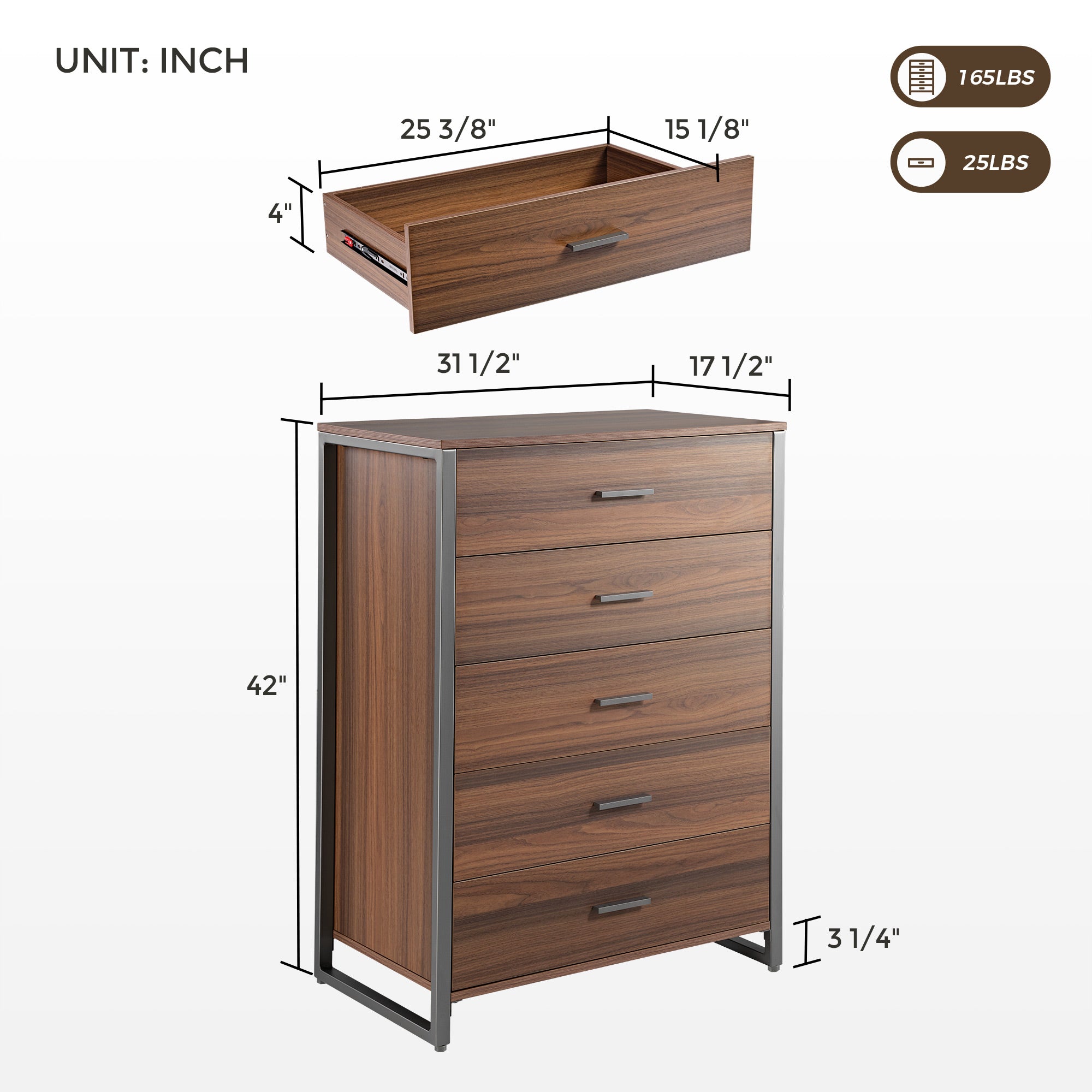 42" Chest 5-Drawers Dresser Accent Cabinet Walnut