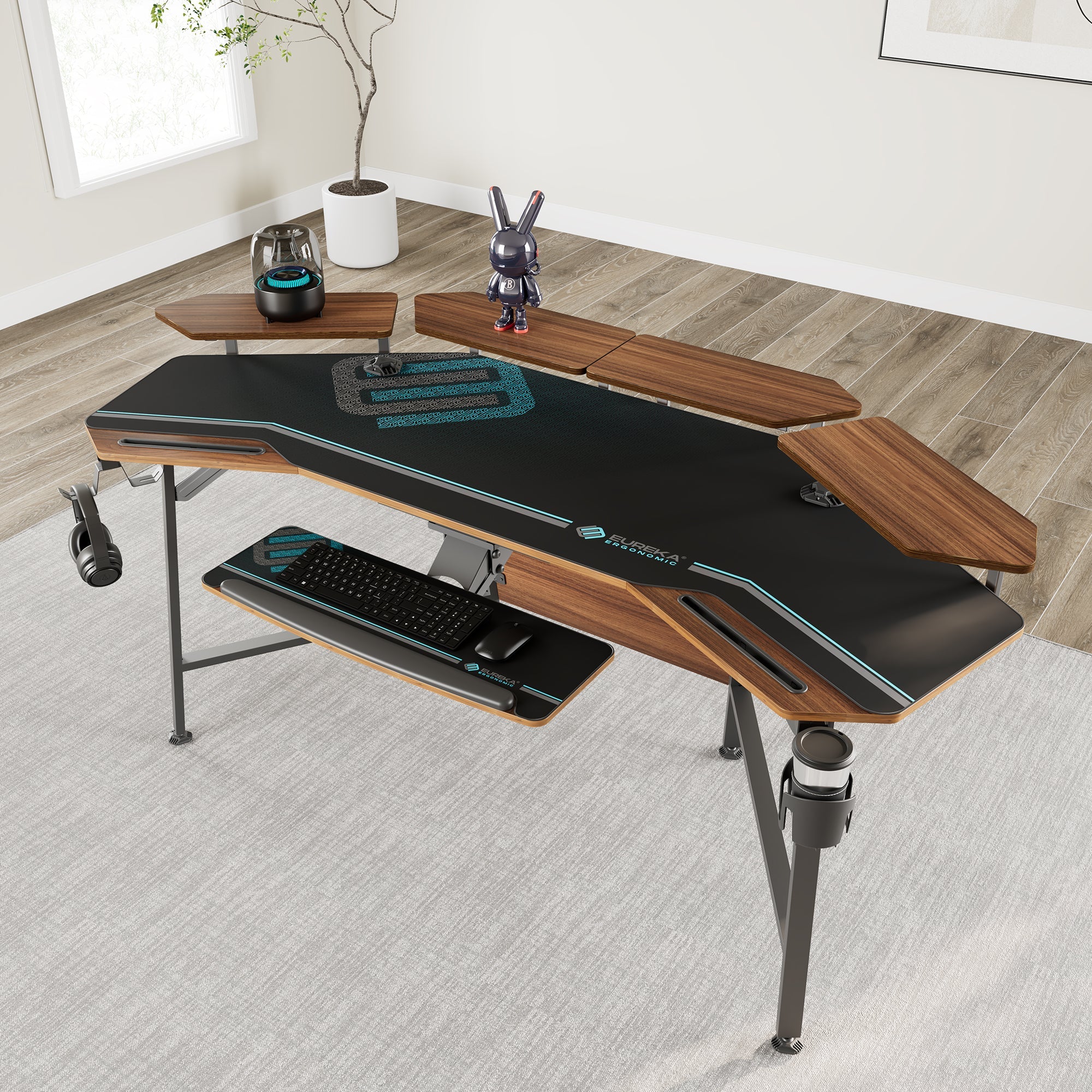 Eureka Ergonomic Gaming Desk With Convertible Shelves, Black and Wood Finish, Workspace Solution.