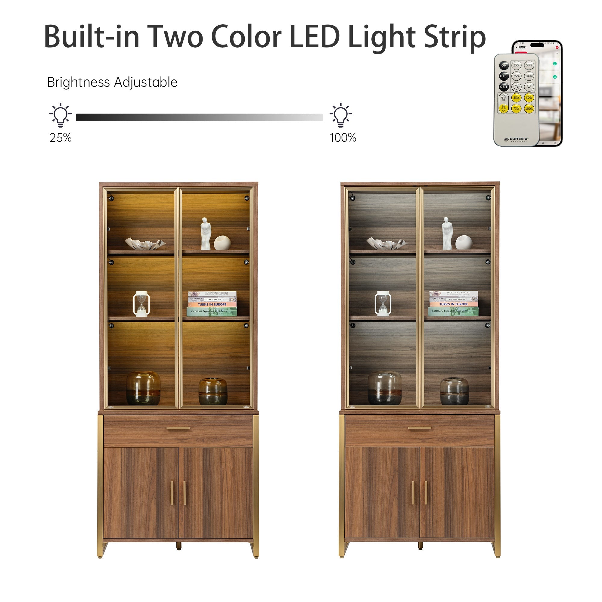 Eureka Ergonomic Walnut Bookshelf With Two-Color Led Light Strip, Adjustable Brightness, Glass Doors and Storage.