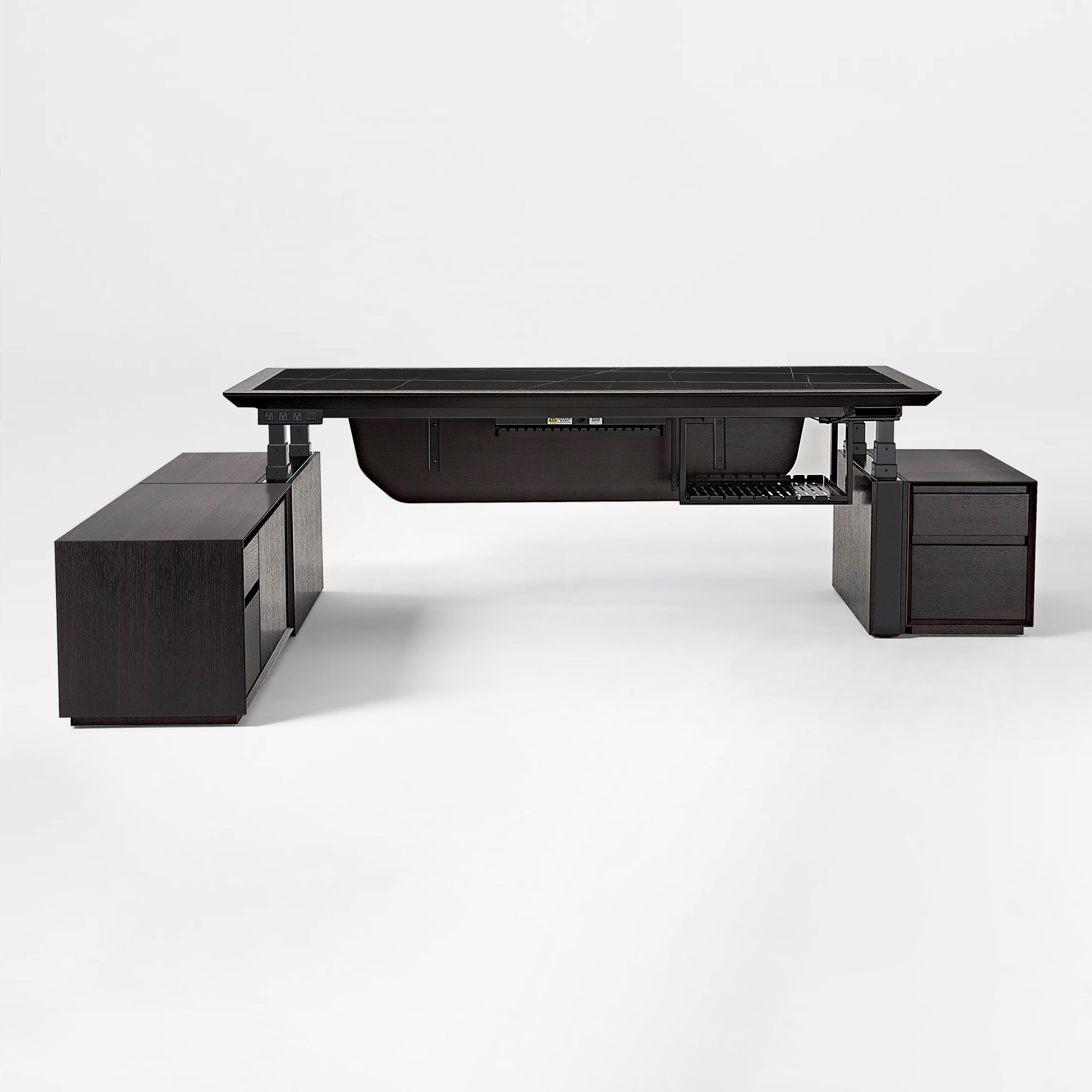 Zen Classic Executive Standing Desk in Dark Wood Finish With Integrated Cabinets and Adjustable Height.