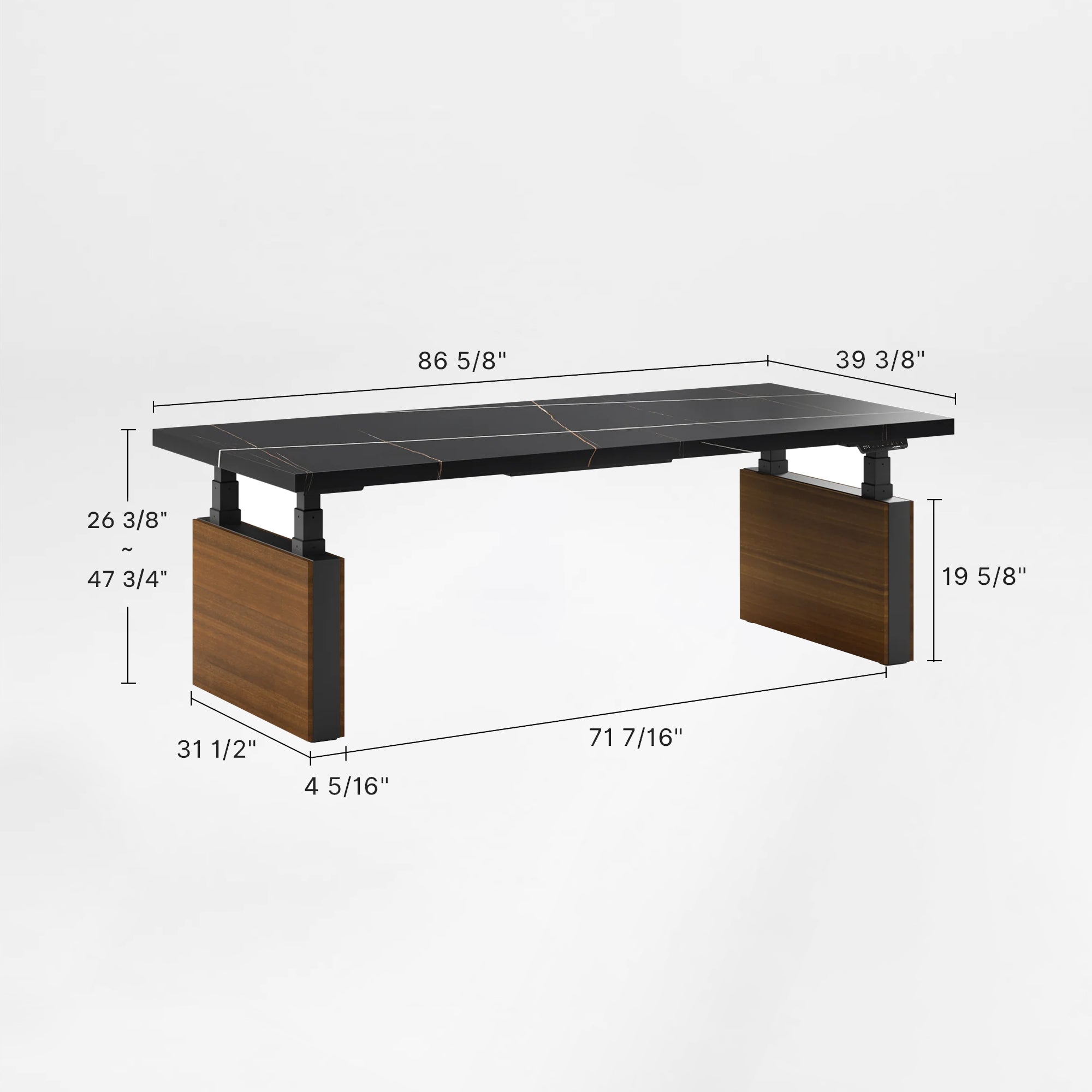 Zen Pro Executive Standing Desk With Black Sintered Stone Top and Wood Cabinets.