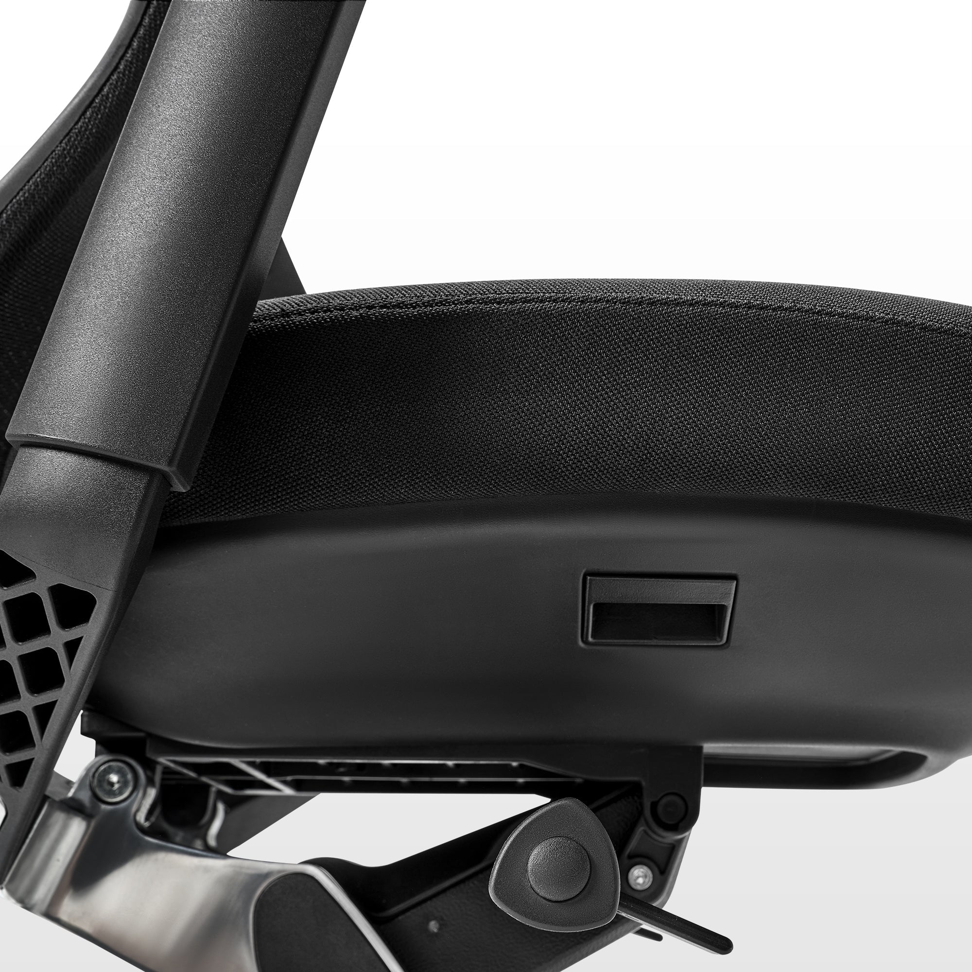 Eureka Ergonomic Lira ergonomic office chair close-up of seat adjustment lever and tilt control knob, textured fabric seat detail.
