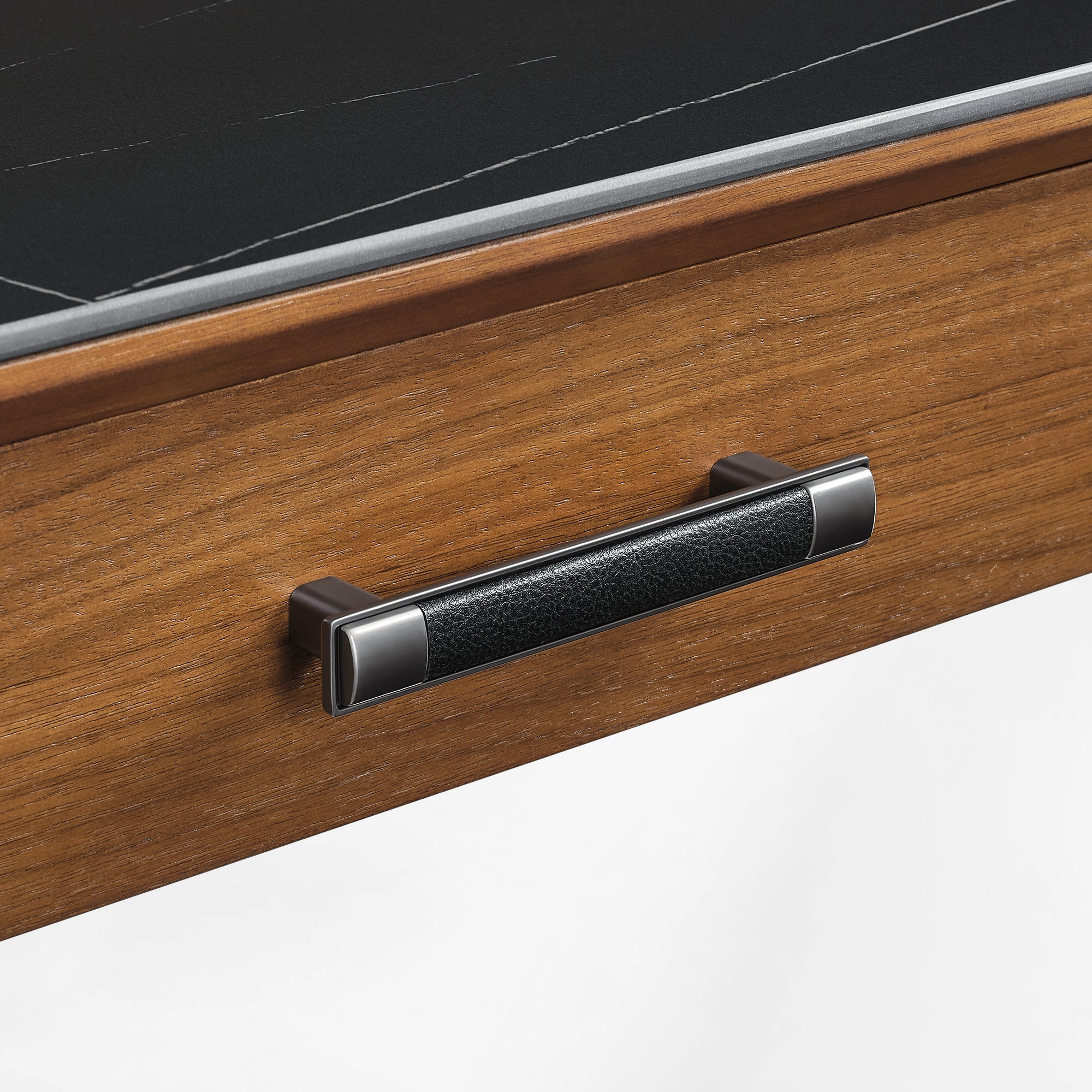 Eureka Ergonomic Ark Standing Desk Drawer Handle With Black Leather Grip and Wooden Drawer Detail.