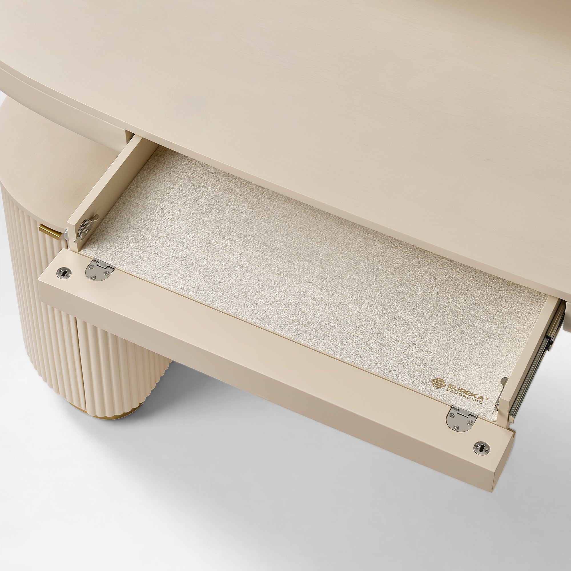 Eureka Ergonomic Opal Oval Executive Standing Desk Detail With Beige Drawer and Storage. Ergonomic Office Furniture.