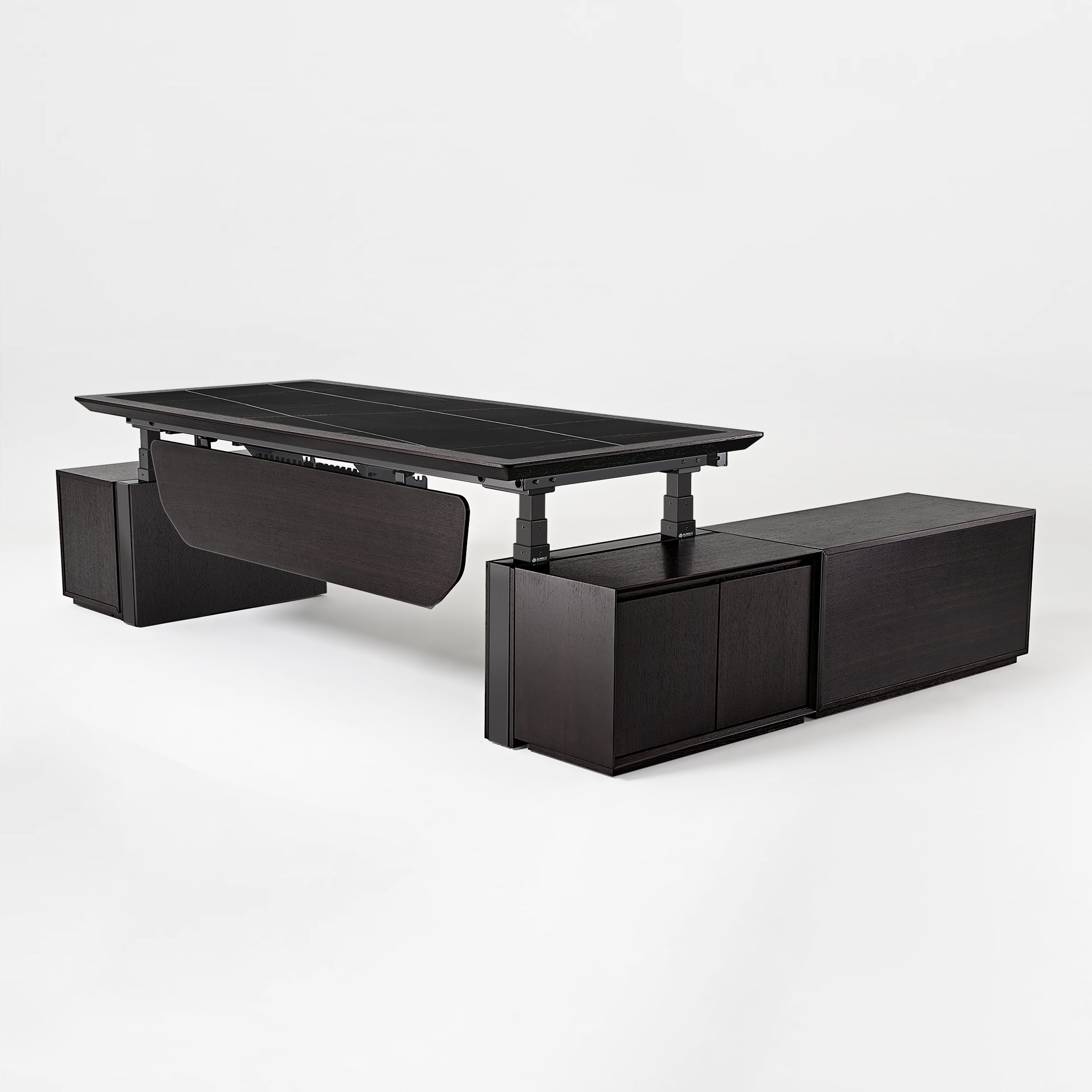 Zen Classic Executive Standing Desk in Dark Wood Finish, With Cabinets and Adjustable Height, Perfect for a Modern Workspace.