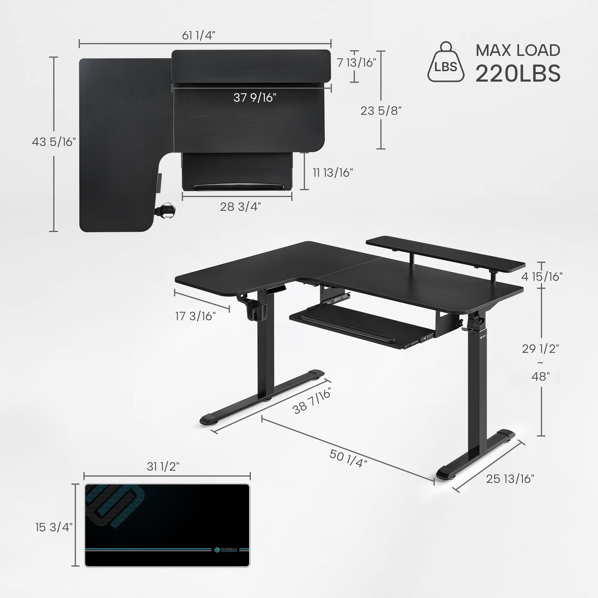 Eureka Ergonomic Black L-shaped standing desk with dimensions, monitor risers, keyboard tray, and mousepad. Max load 220LBS, <45dB noise.