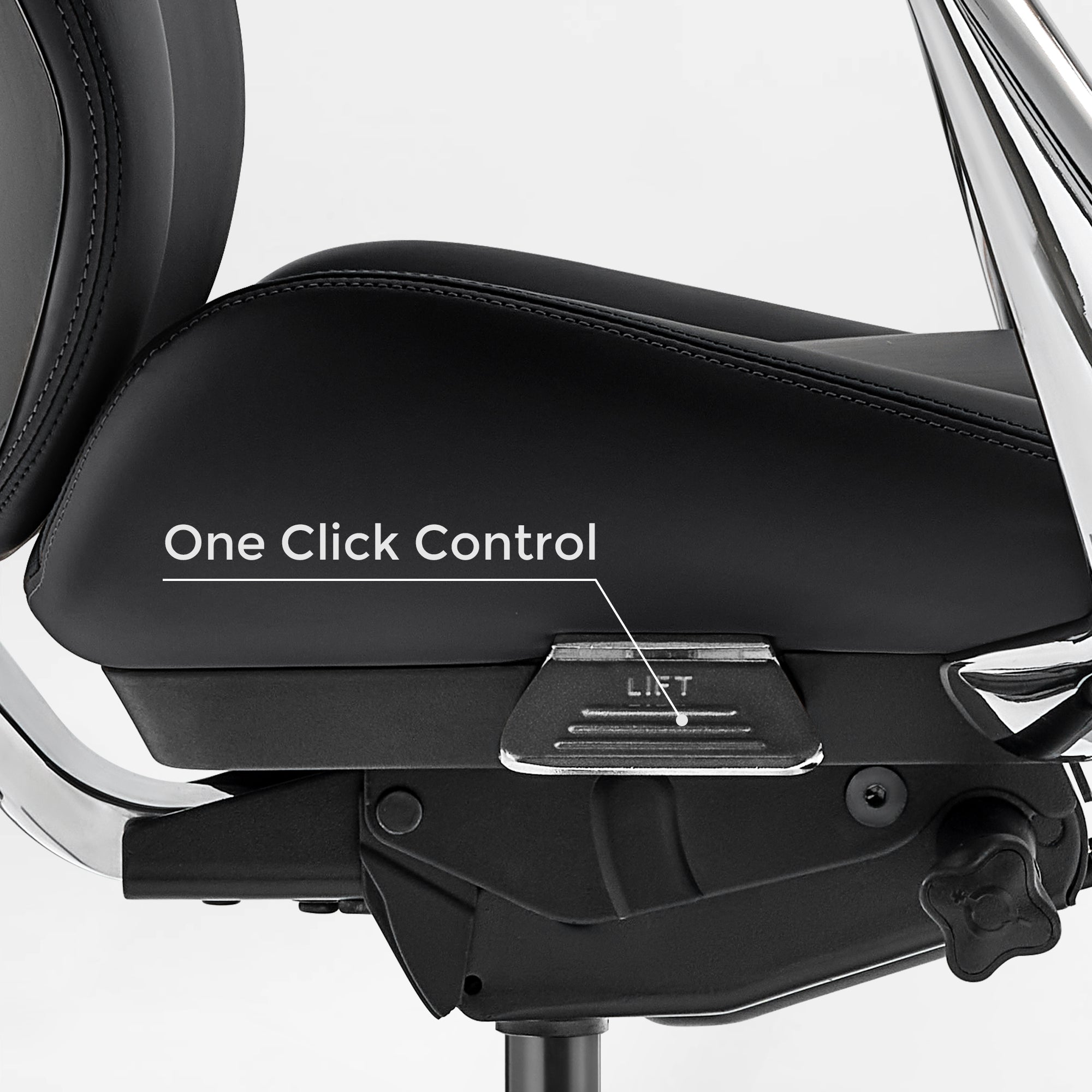 Eureka Ergonomic Serene Aaron black leather executive chair "One Click Control" lift mechanism detail. Product page.