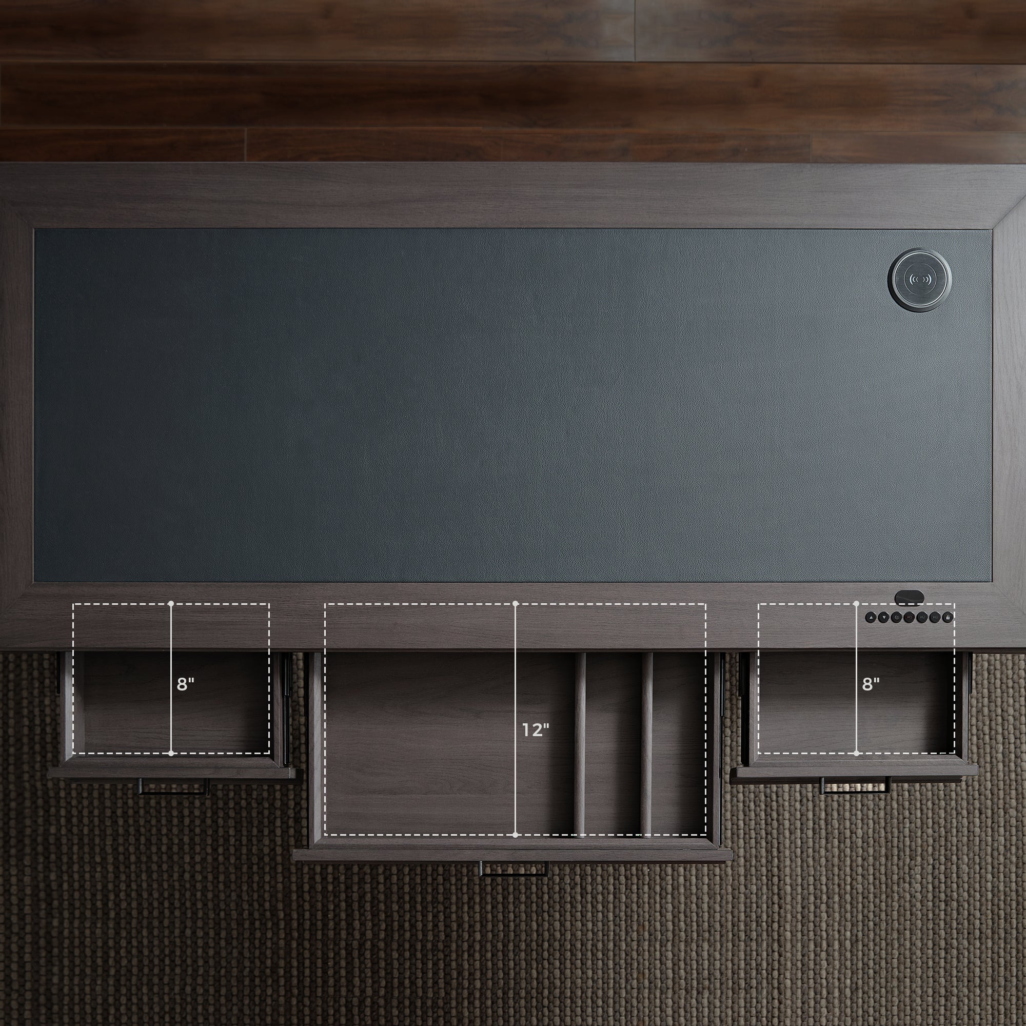 Executive Standing Desk with Three Drawers with Flexible Dividers, Leather Top and inset Qi Charger