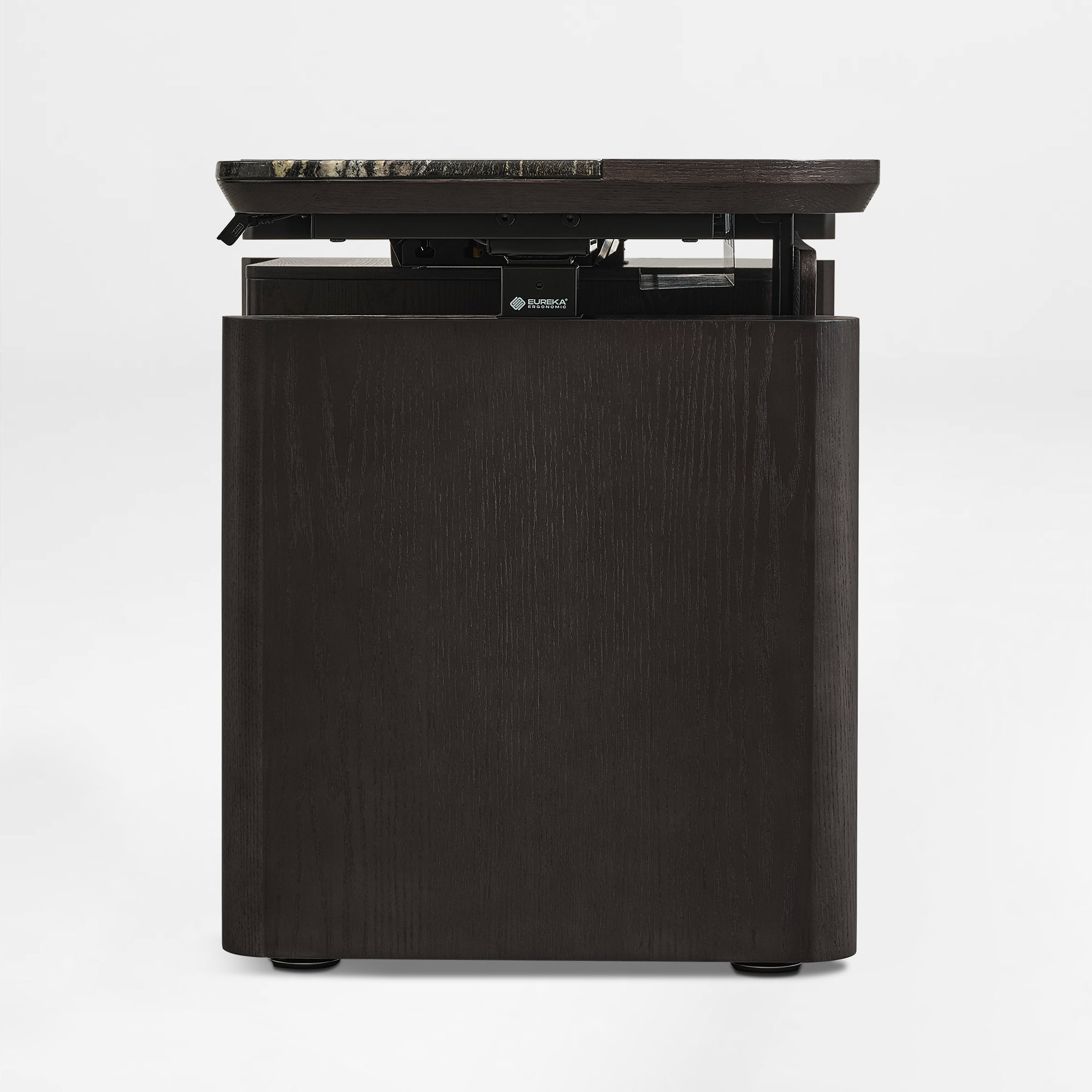Magma Pro Executive Standing Desk Side View Showing Sleek Dark Wood Profile and Sturdy Base.