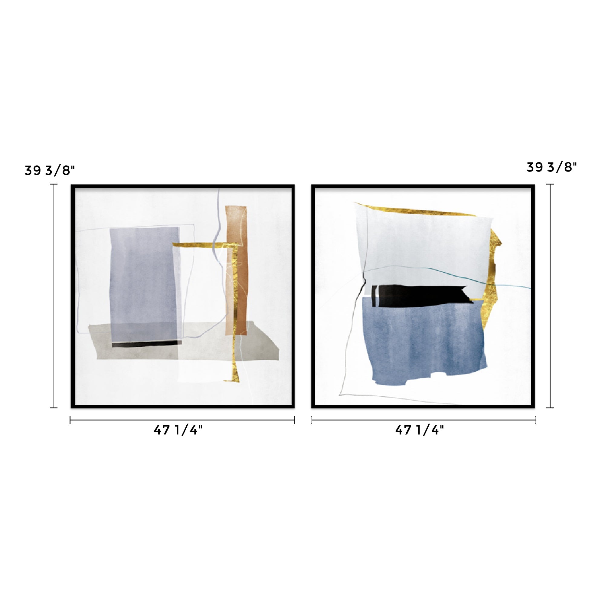WA-04 Abstract Wall Art Set, Framed Prints With Gold and Blue Geometric Design, 47 1/4X 31 1/2.