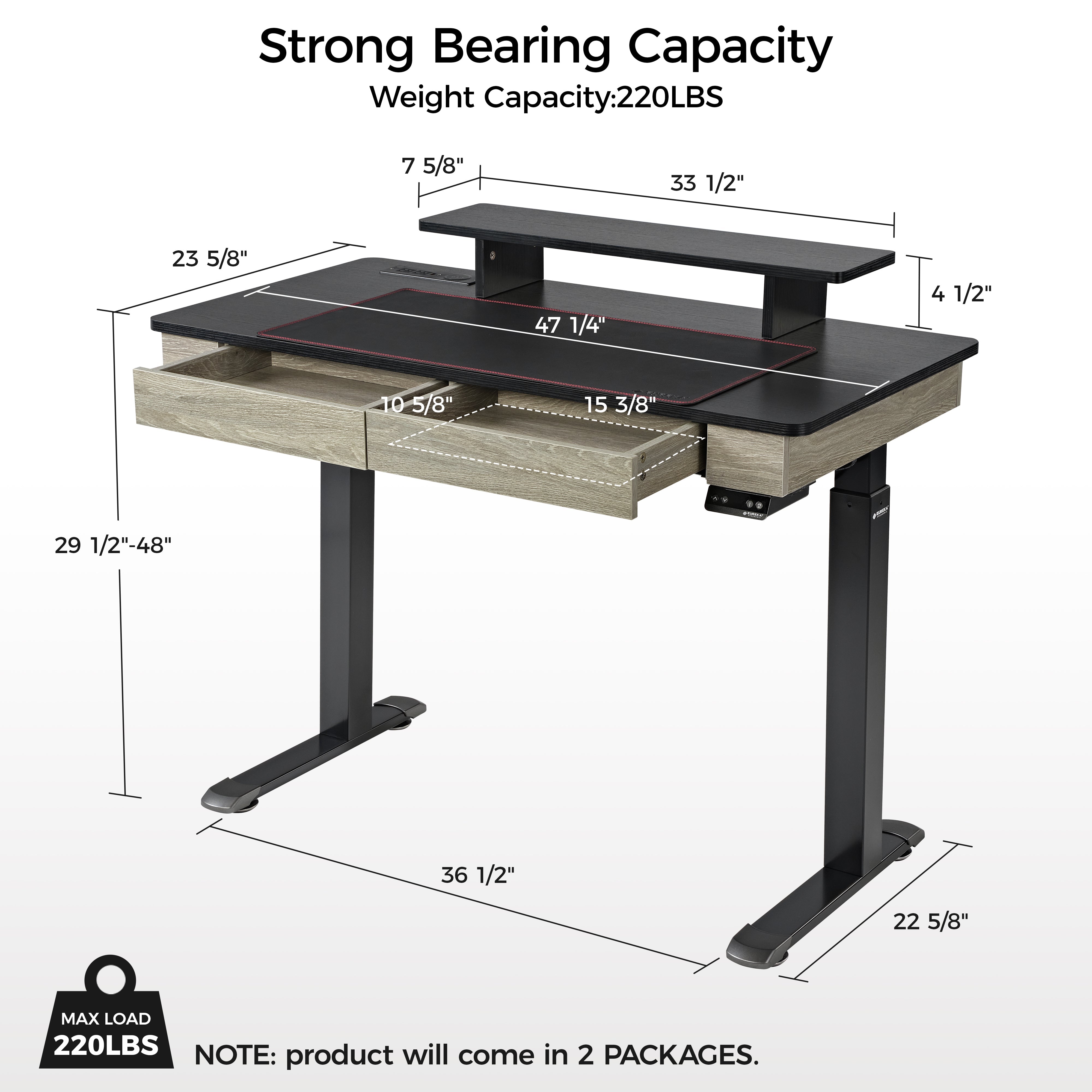 Eureka Ergonomic 47 Standing Desk With Drawers, Black Top and Wood Finish, 220Lbs Capacity.