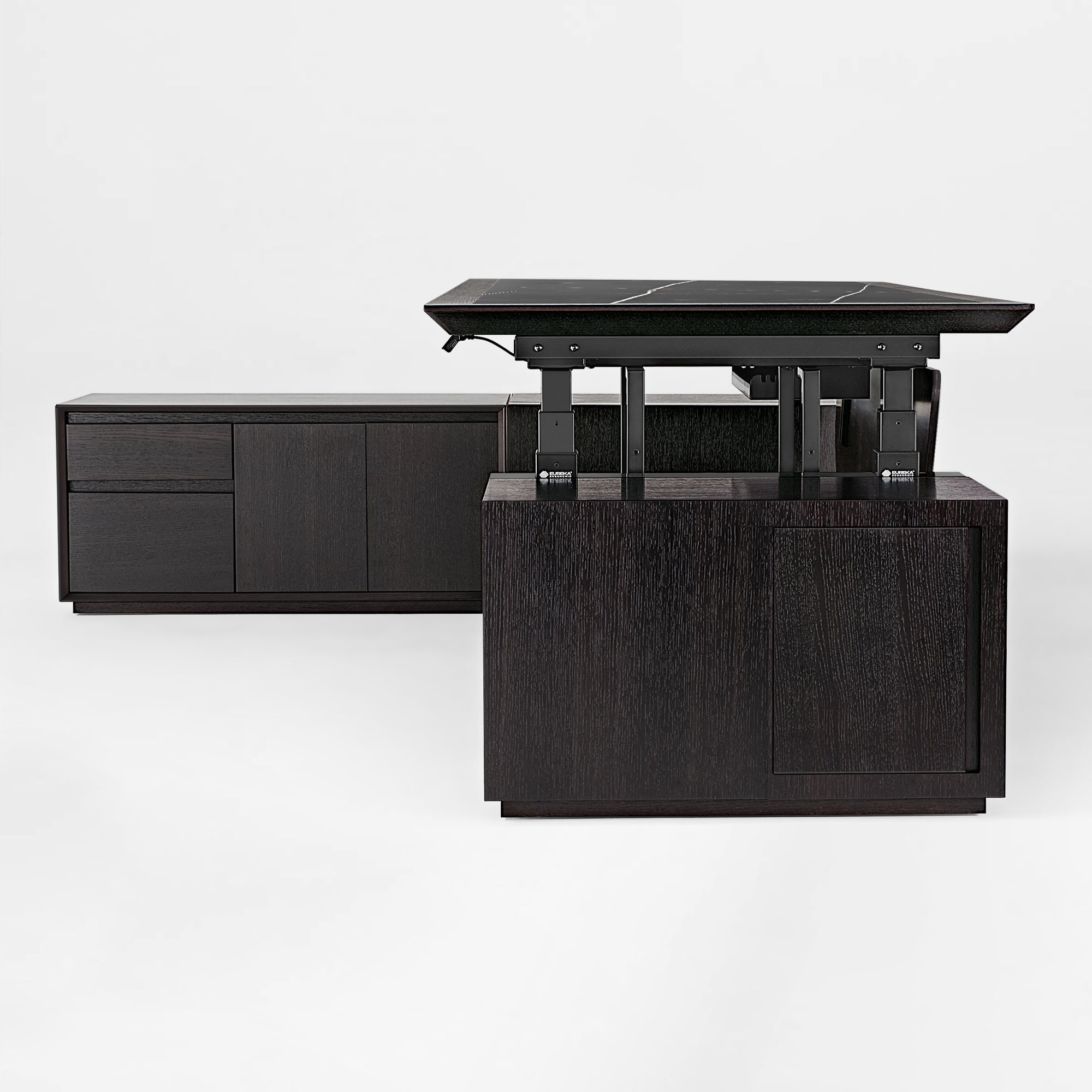 Zen Classic Executive Standing Desk in Dark Wood Finish With Adjustable Height and Integrated Storage, By Eureka Ergonomic.